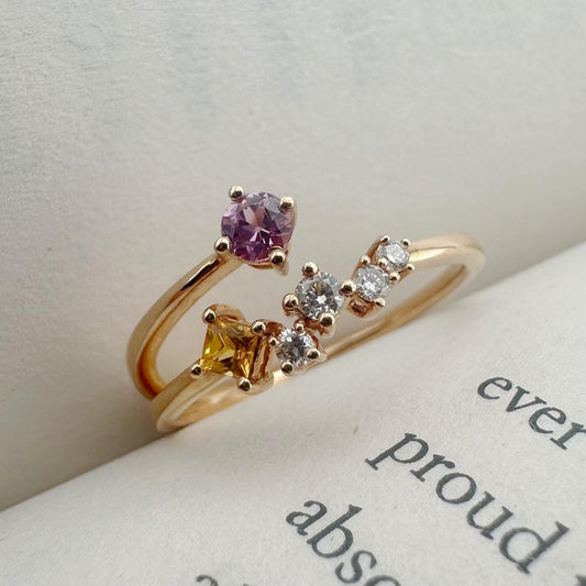 18K Solid Rose Gold Genuine Pink and Yellow Sapphire Diamond Cluster Ring