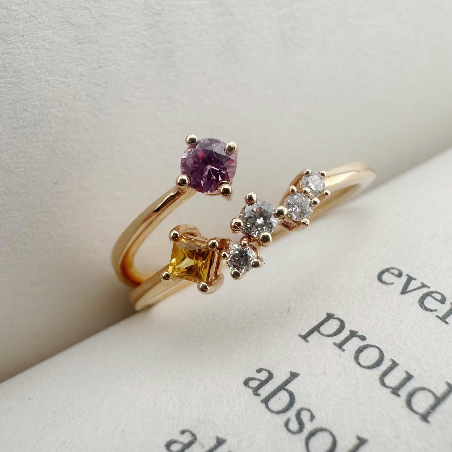 18K Solid Rose Gold Genuine Pink and Yellow Sapphire Diamond Cluster Ring