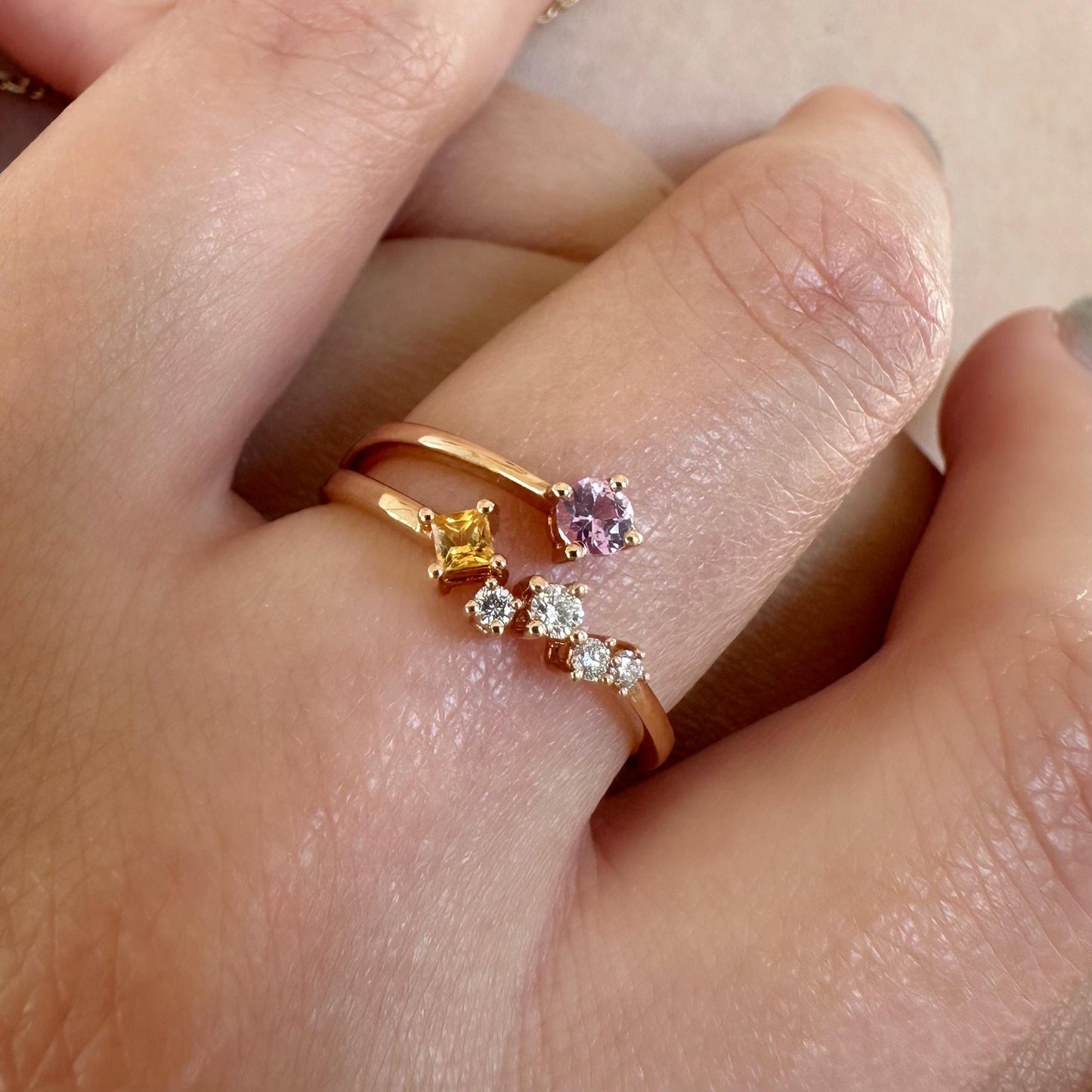 18K Solid Rose Gold Genuine Pink and Yellow Sapphire Diamond Cluster Ring