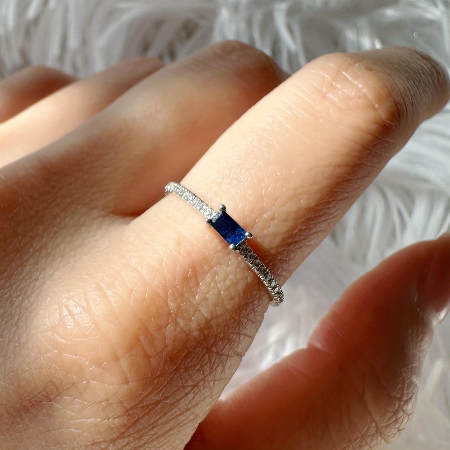 18K Solid White Gold Genuine Sapphire and Diamond Teardrop Ring