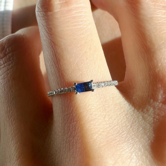 18K Solid White Gold Genuine Sapphire and Diamond Teardrop Ring
