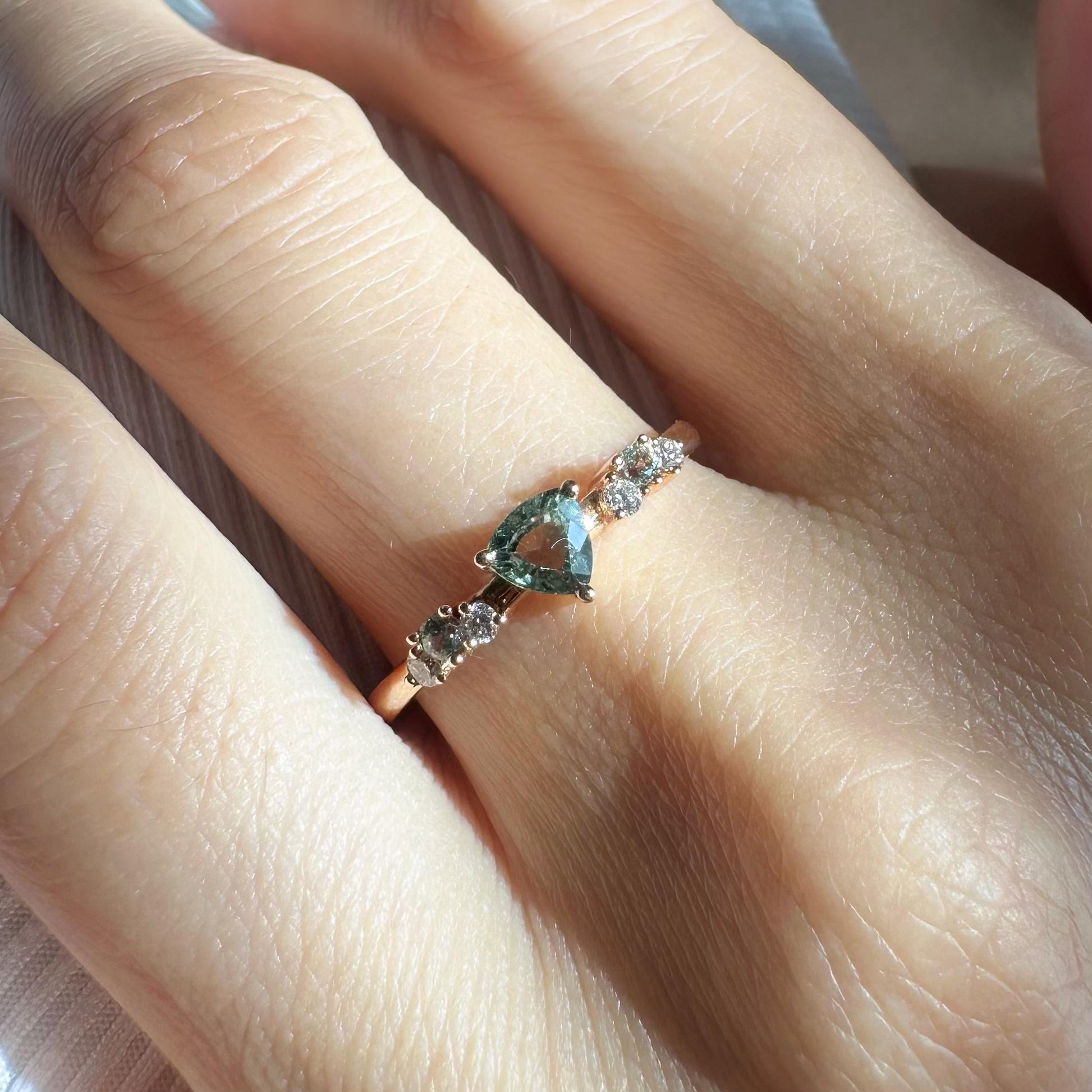 18K Solid Rose Gold Genuine Green Sapphire and Diamond Ring