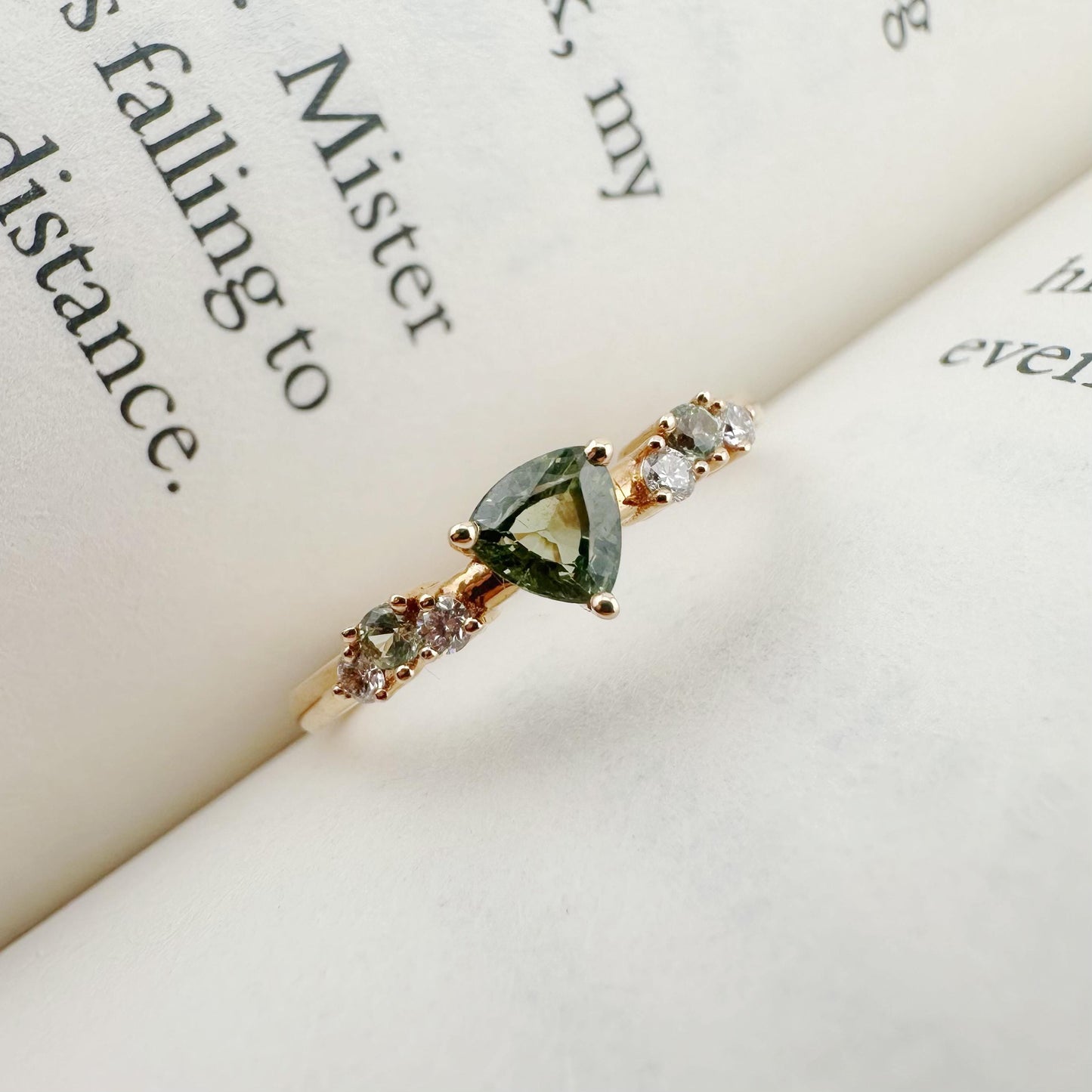 18K Solid Rose Gold Genuine Green Sapphire and Diamond Ring