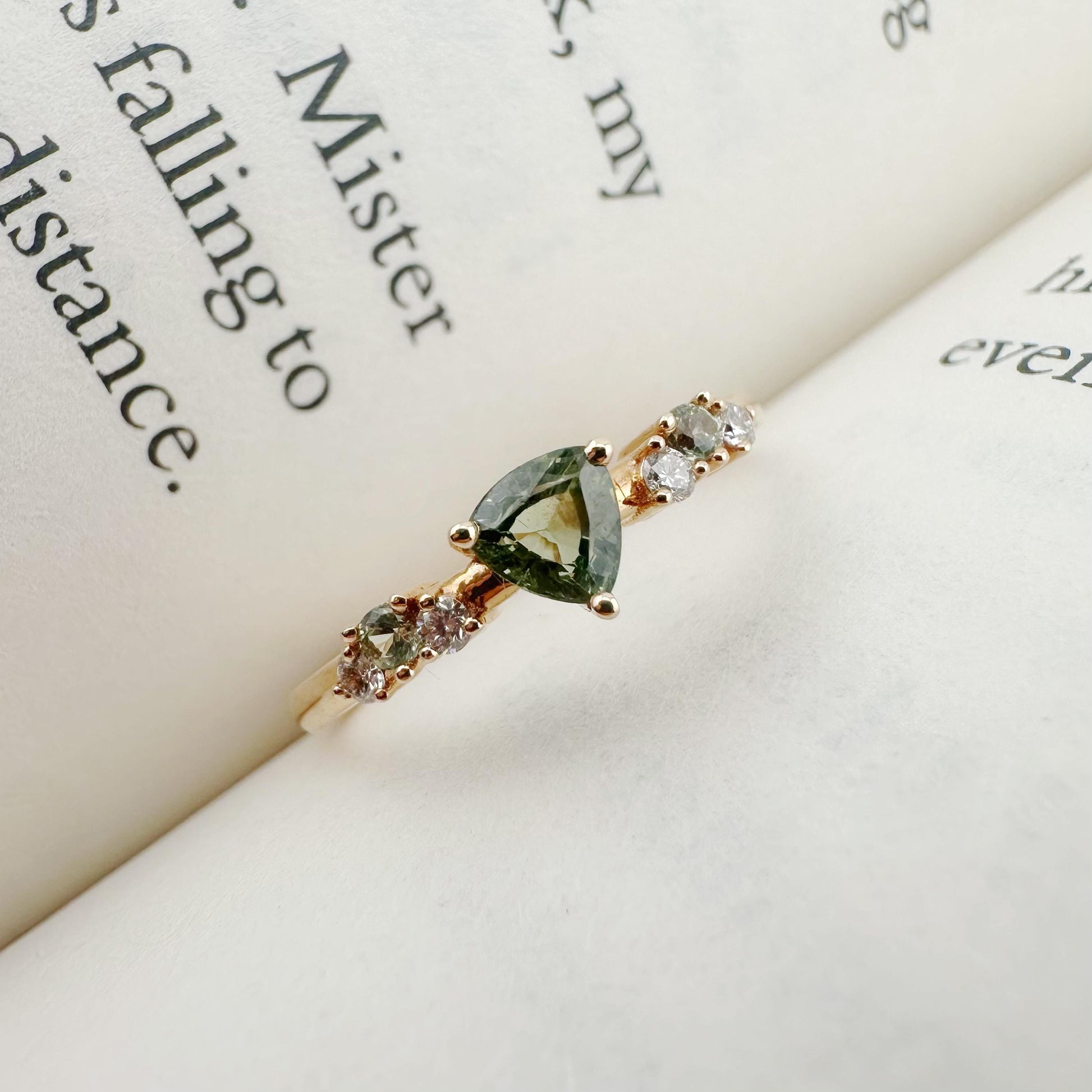 18K Solid Rose Gold Genuine Green Sapphire and Diamond Ring