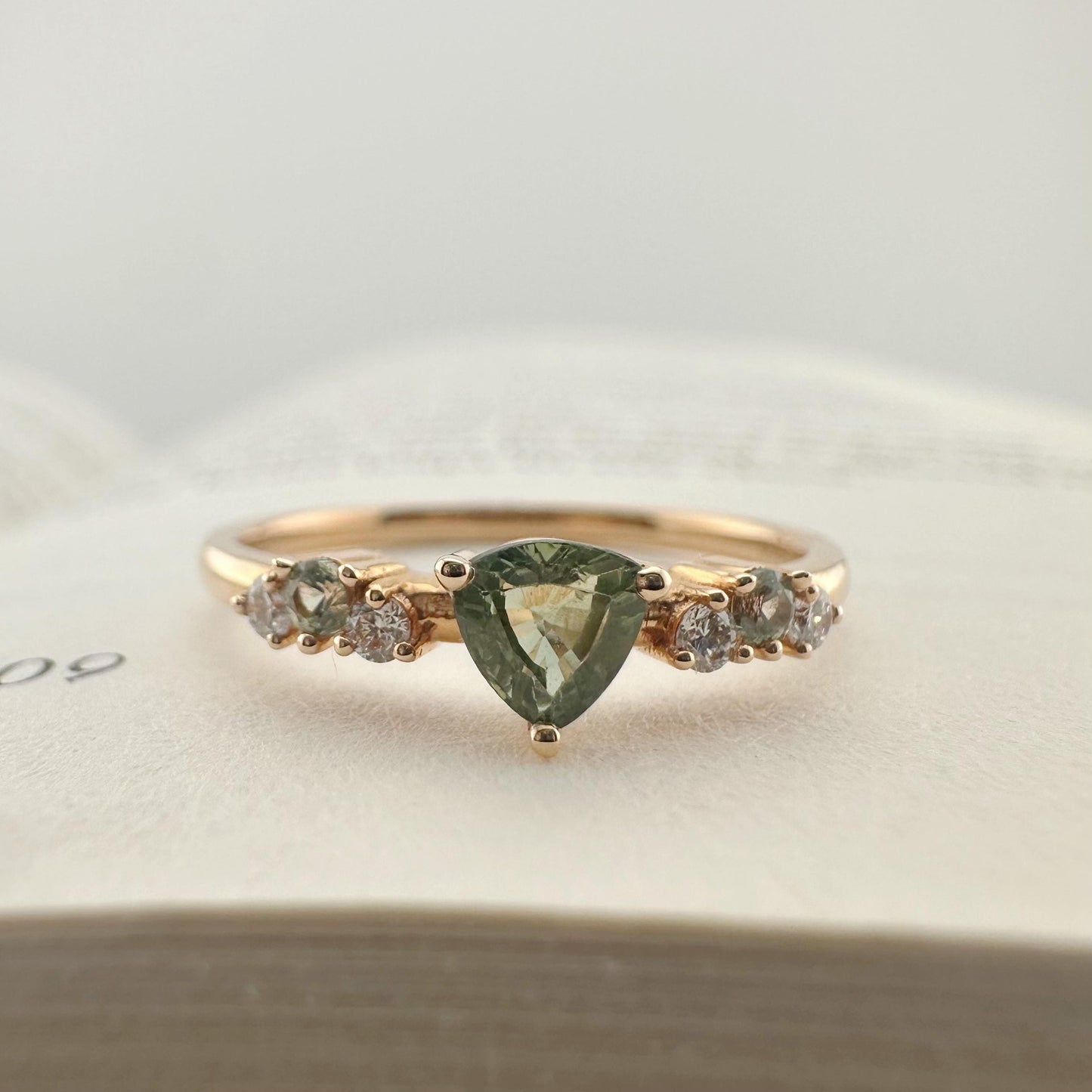 18K Solid Rose Gold Genuine Green Sapphire and Diamond Ring