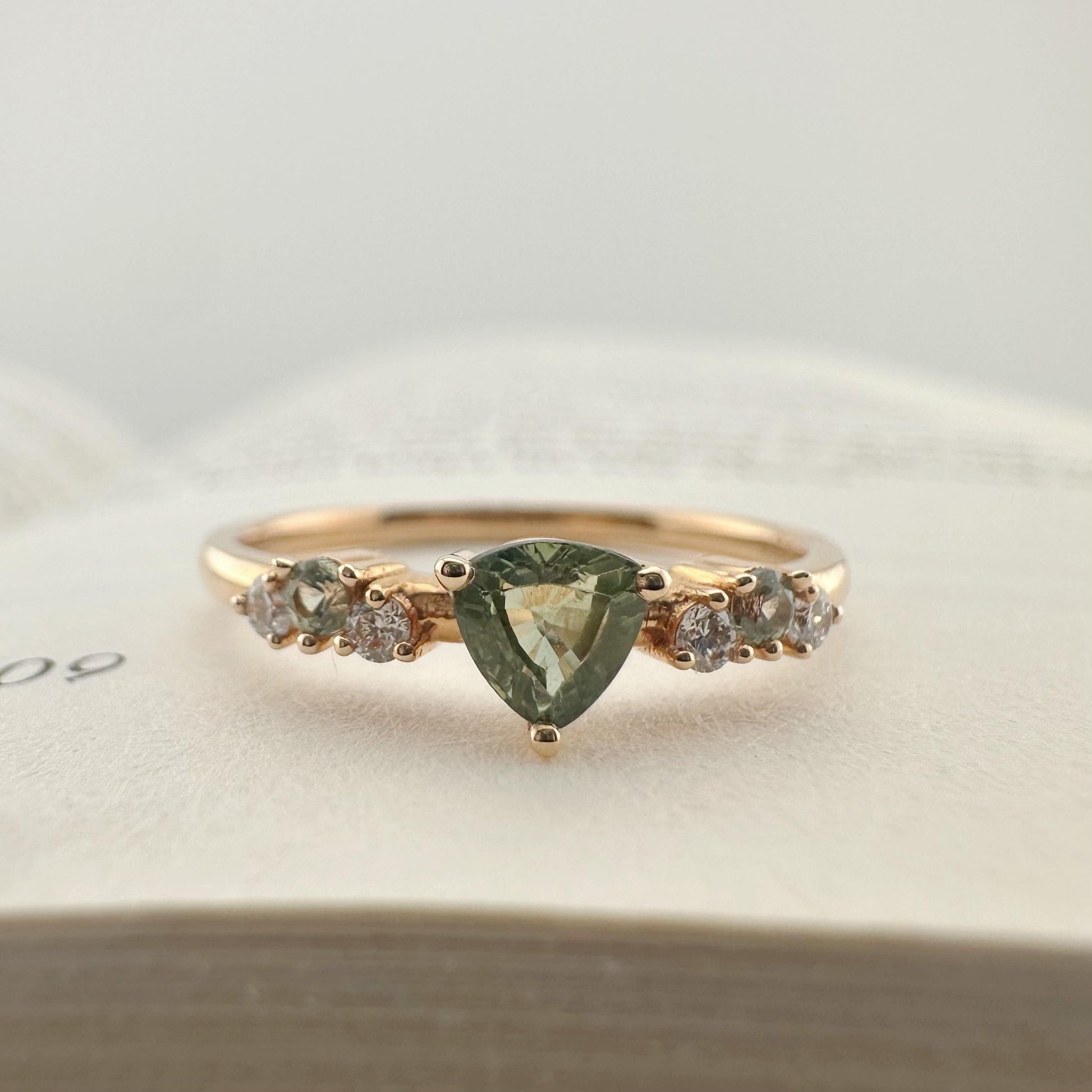 18K Solid Rose Gold Genuine Green Sapphire and Diamond Ring
