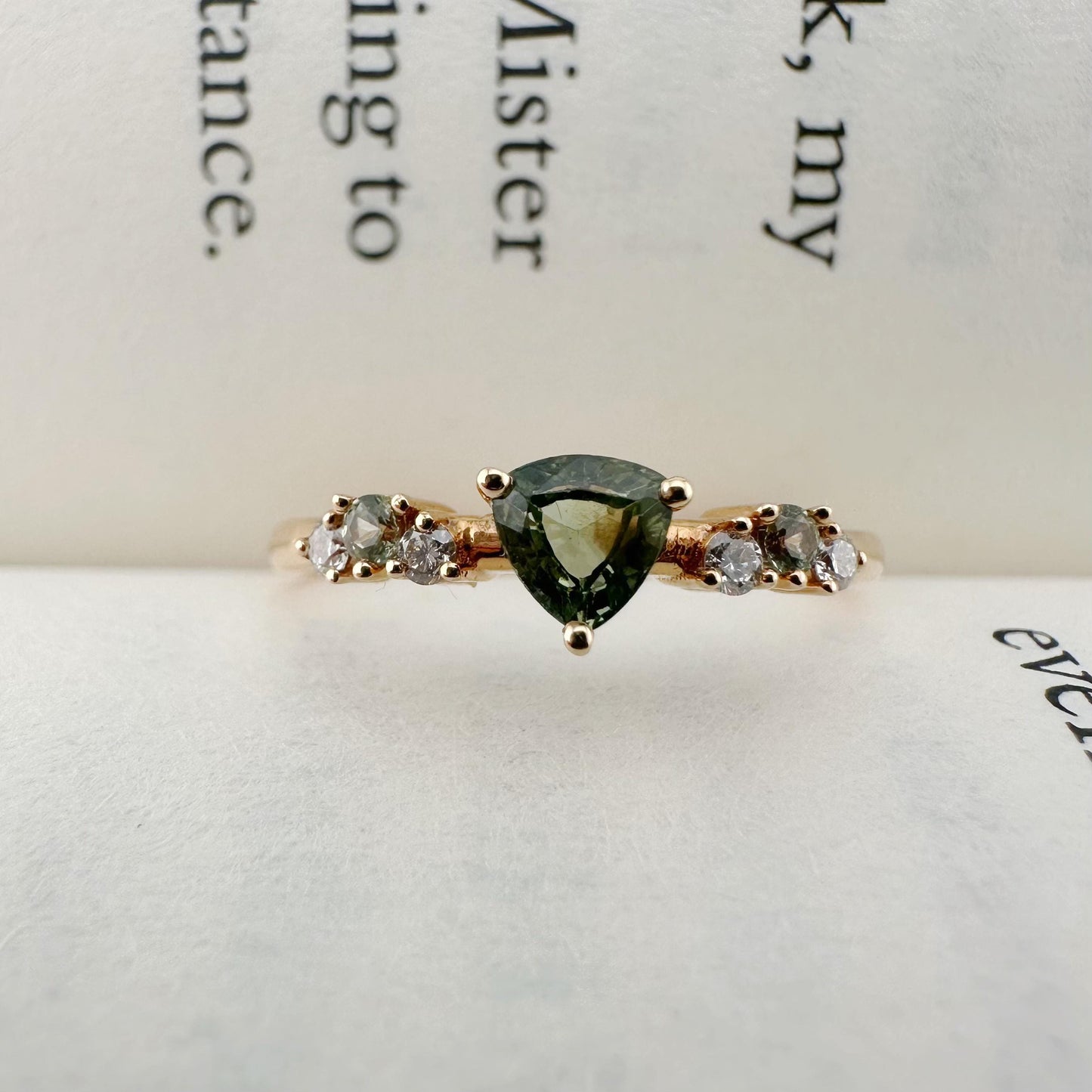 18K Solid Rose Gold Genuine Green Sapphire and Diamond Ring