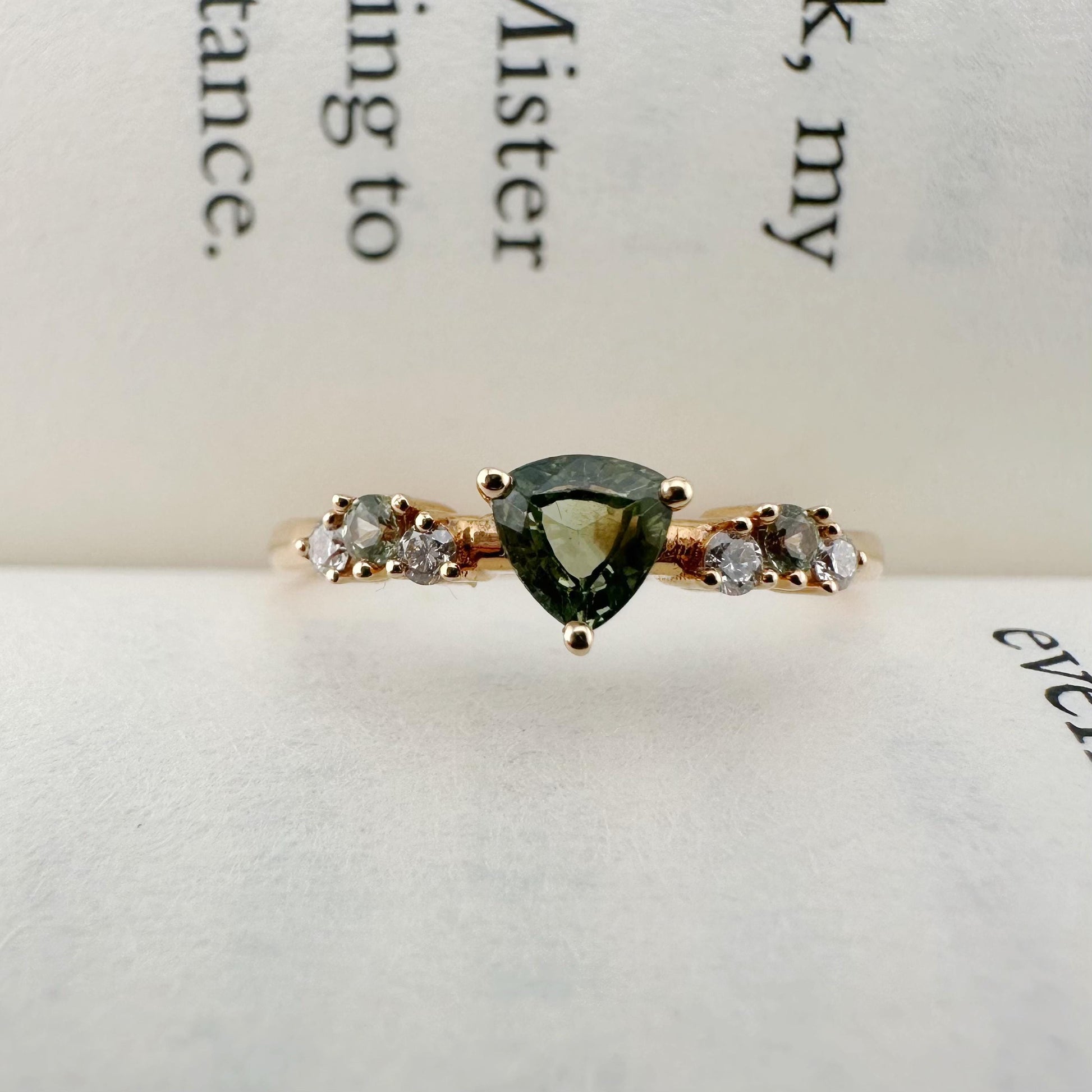 18K Solid Rose Gold Genuine Green Sapphire and Diamond Ring