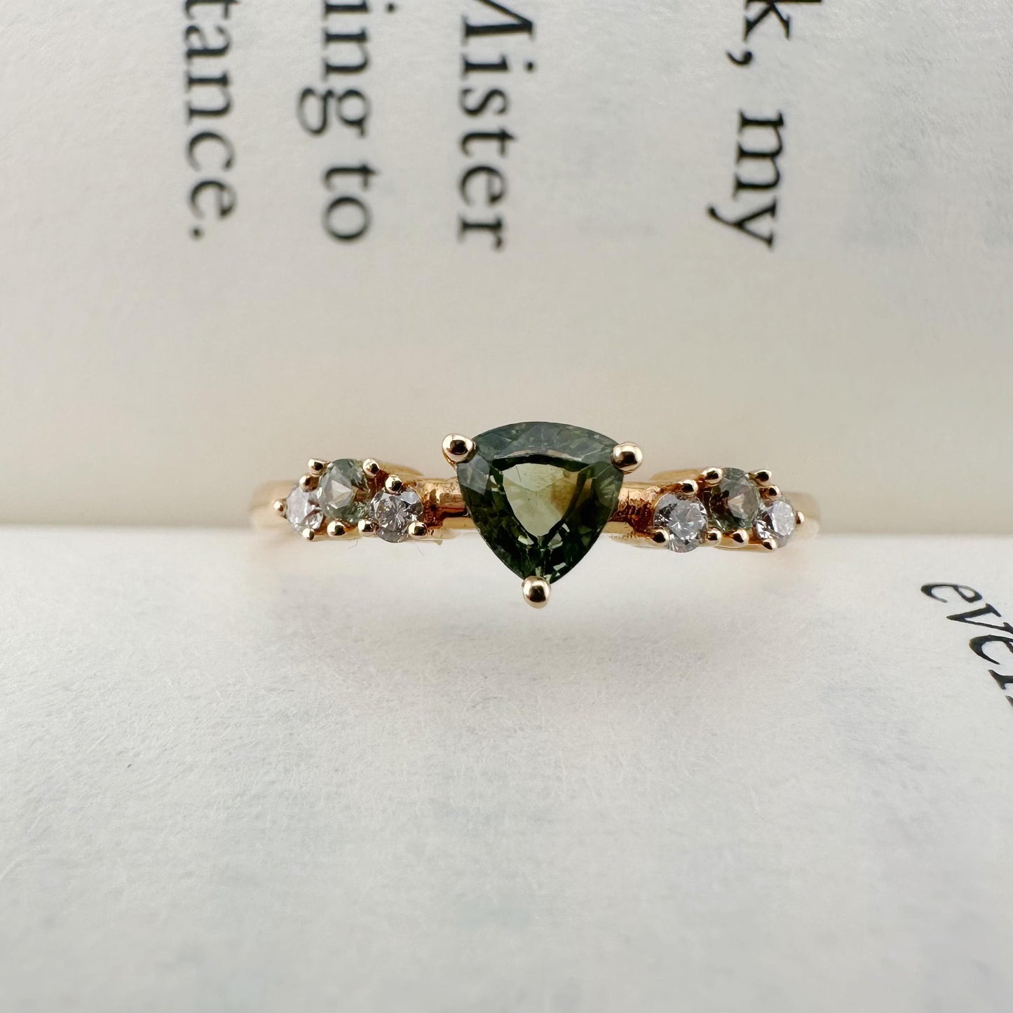 18K Solid Rose Gold Natural Green Sapphire Diamond Ring | Trillion Cut Green Sapphire | Alternative Engagement Ring | Fine Jewelry
