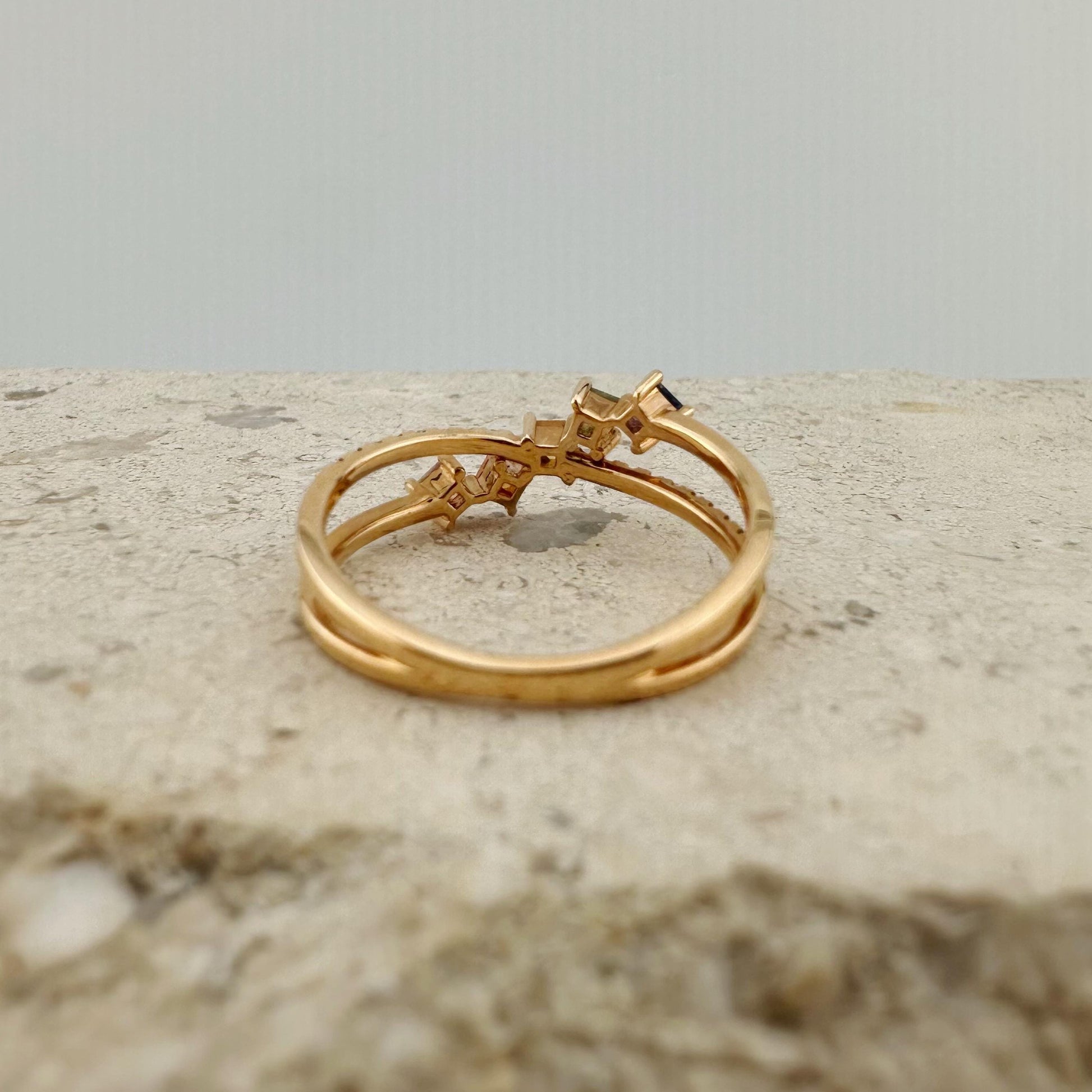 18K Solid Rose Gold Genuine Color Sapphire and Diamond Crossover Ring