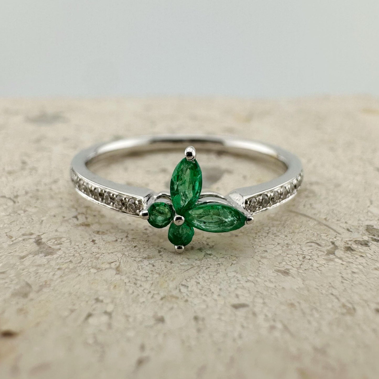 18K Solid White Gold Genuine Emerald and Diamond Butterfly Ring