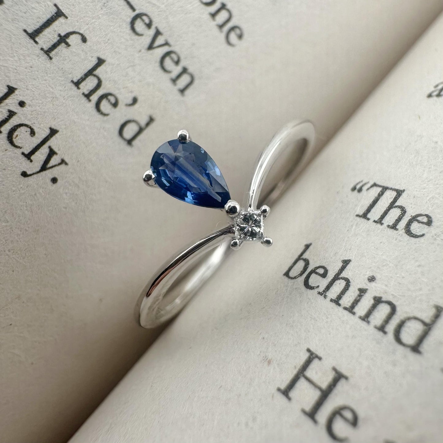 18K Solid White Gold Genuine Sapphire and Diamond Teardrop Ring