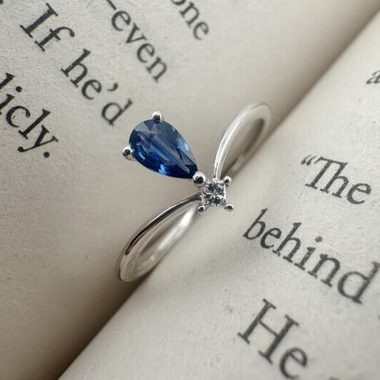 18K Solid White Gold Genuine Sapphire and Diamond Teardrop Ring