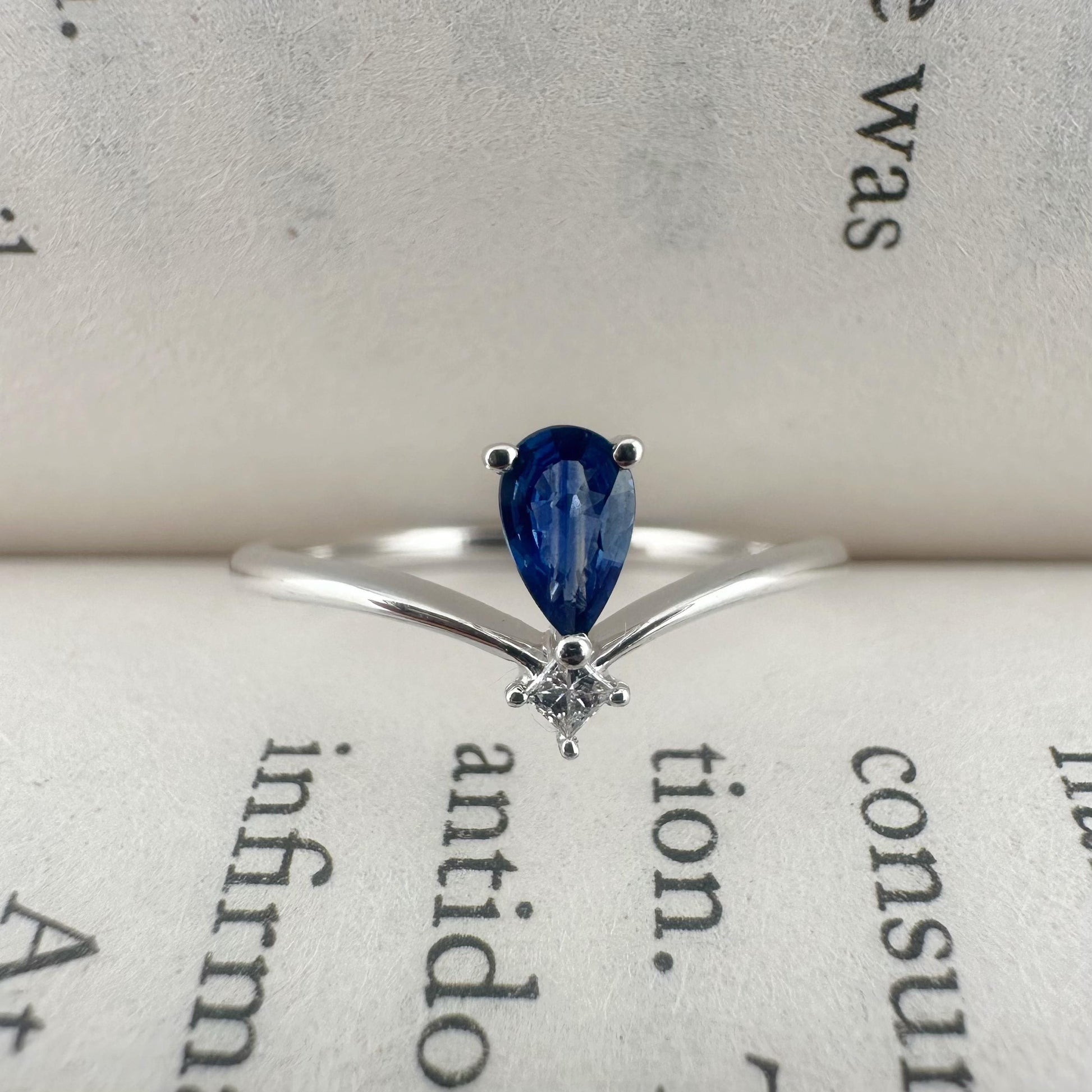 18K Solid White Gold Genuine Sapphire and Diamond Teardrop Ring