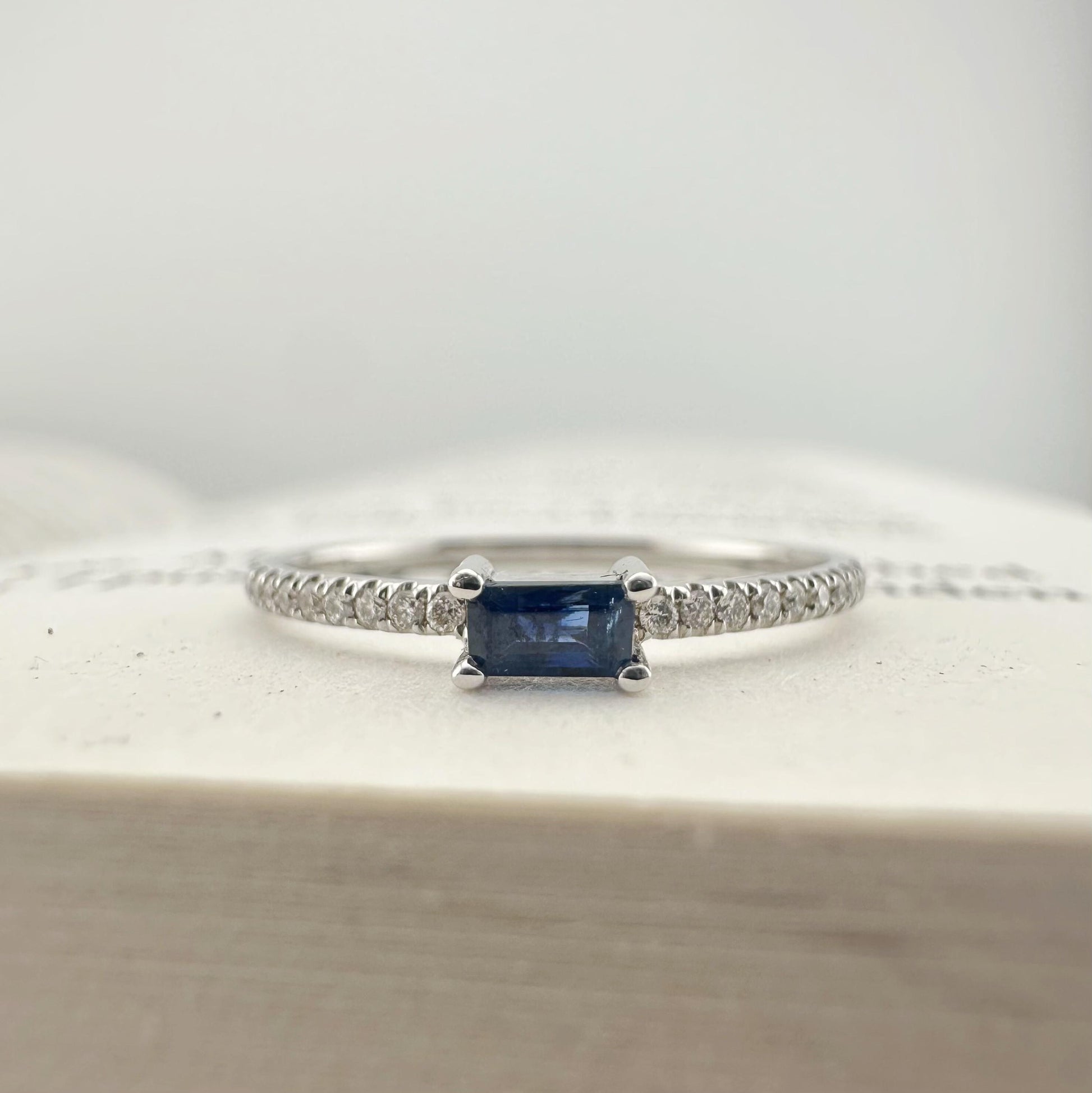 18K Solid White Gold Genuine Sapphire and Diamond Teardrop Ring