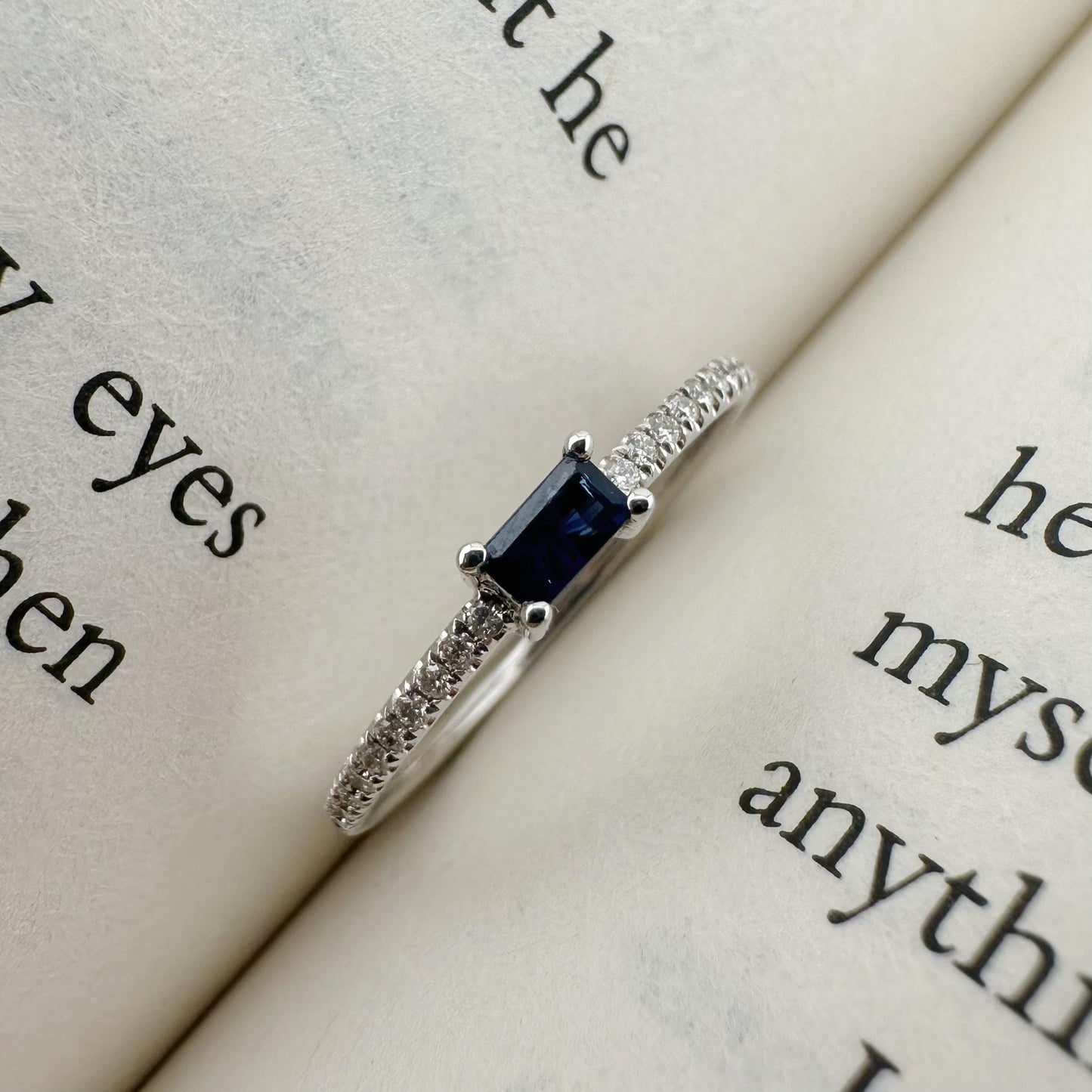 18K Solid White Gold Genuine Sapphire and Diamond Teardrop Ring