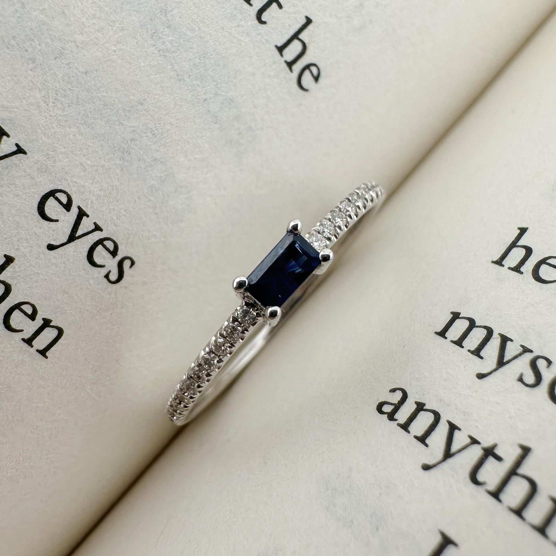 18K Solid White Gold Genuine Sapphire and Diamond Teardrop Ring