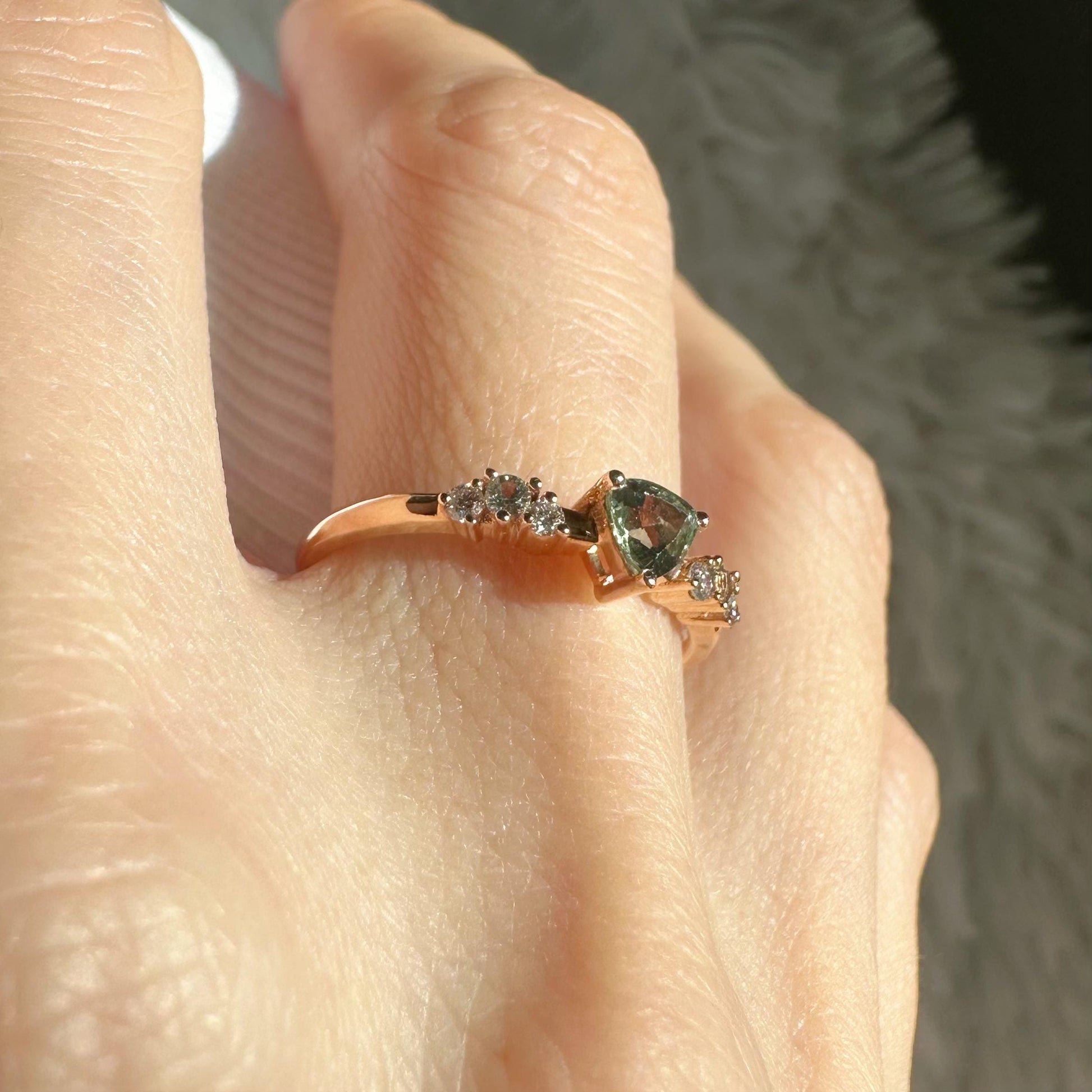 18K Solid Rose Gold Genuine Green Sapphire and Diamond Ring