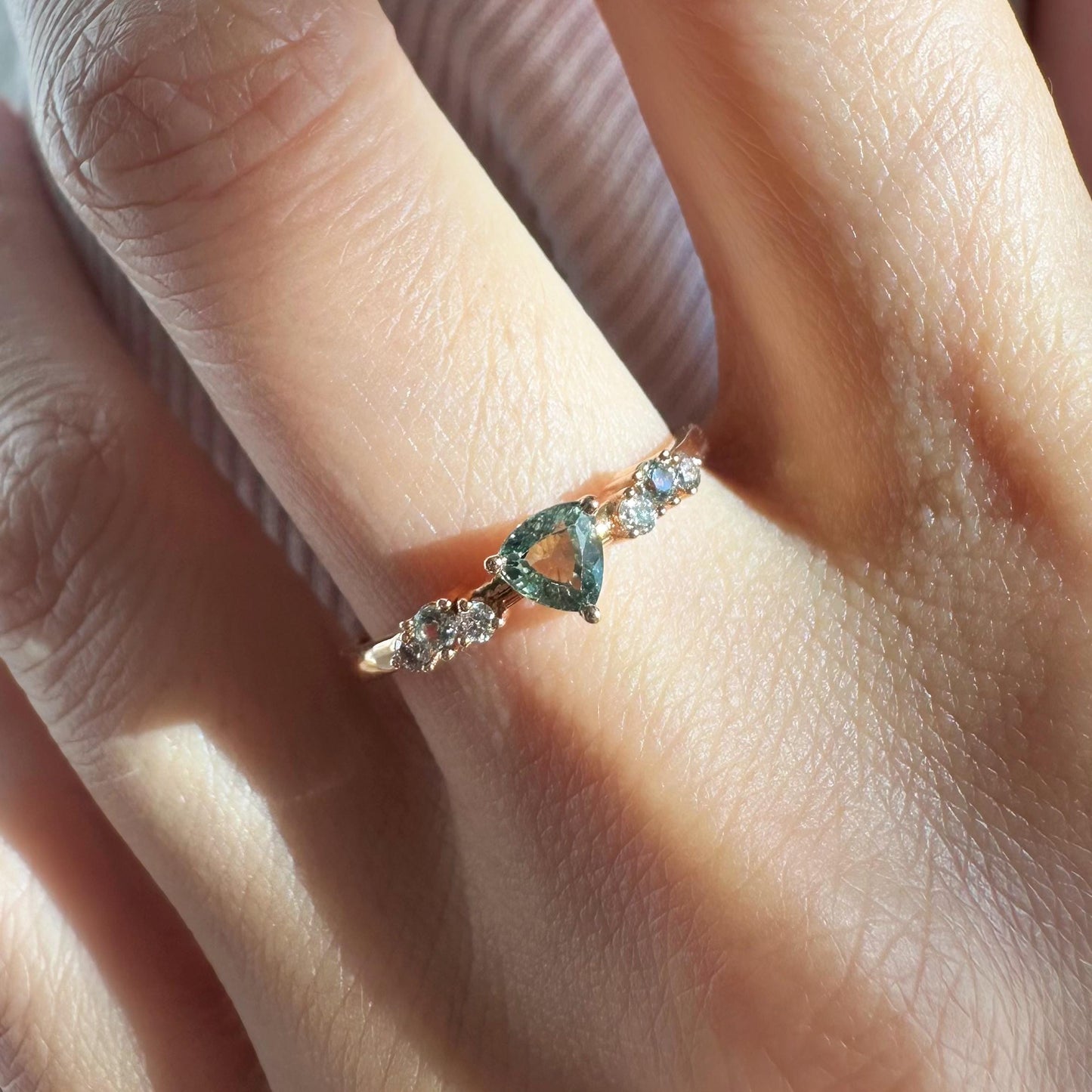 18K Solid Rose Gold Genuine Green Sapphire and Diamond Ring