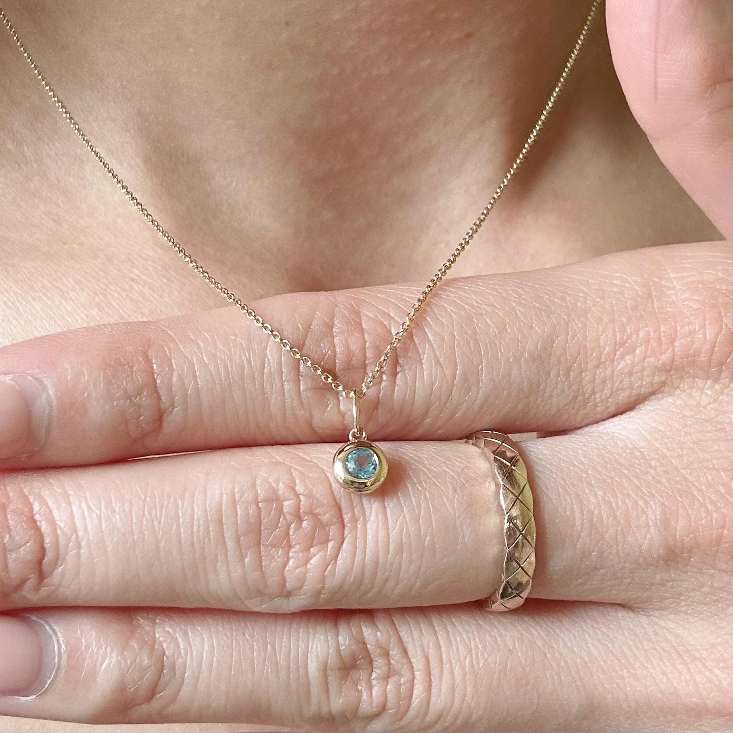 14K Solid Gold Genuine Bezel Blue Topaz Pendant