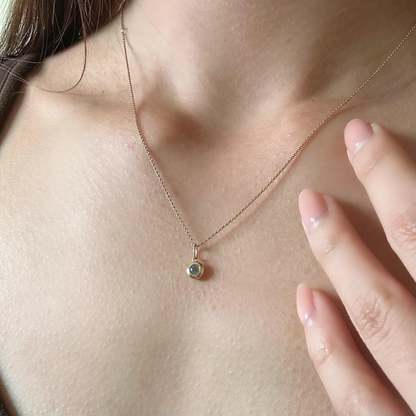 14K Solid Gold Genuine Bezel Blue Topaz Pendant