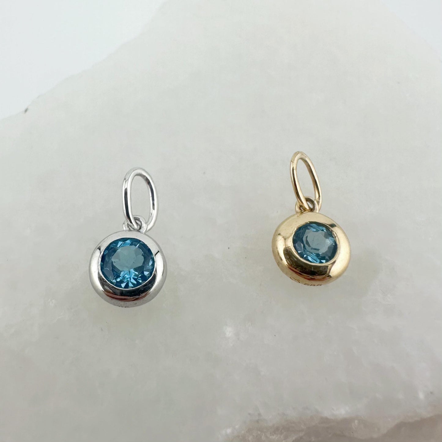 14K Solid Gold Genuine Bezel Blue Topaz Pendant