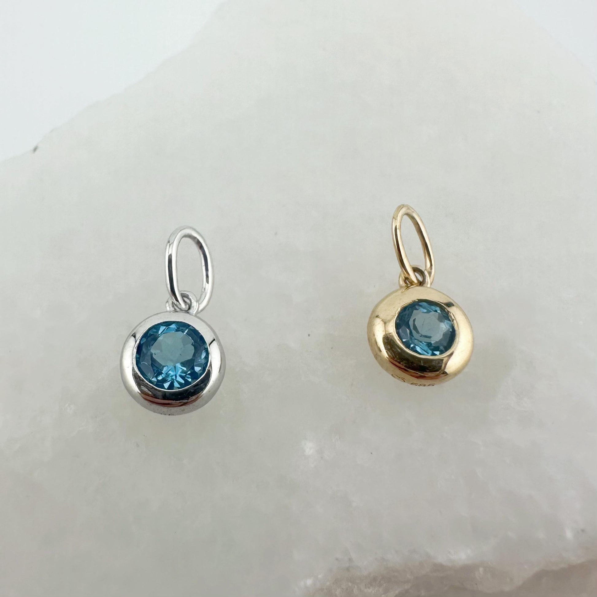 14K Solid Gold Genuine Bezel Blue Topaz Pendant