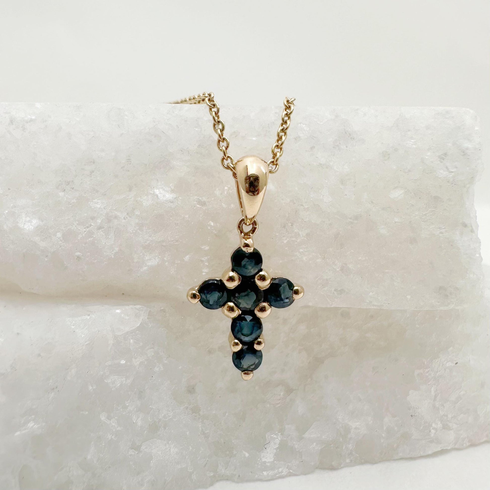 14K Solid Gold Genuine Small Sapphire Cross Pendant