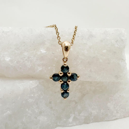 14K Solid Gold Genuine Small Sapphire Cross Pendant