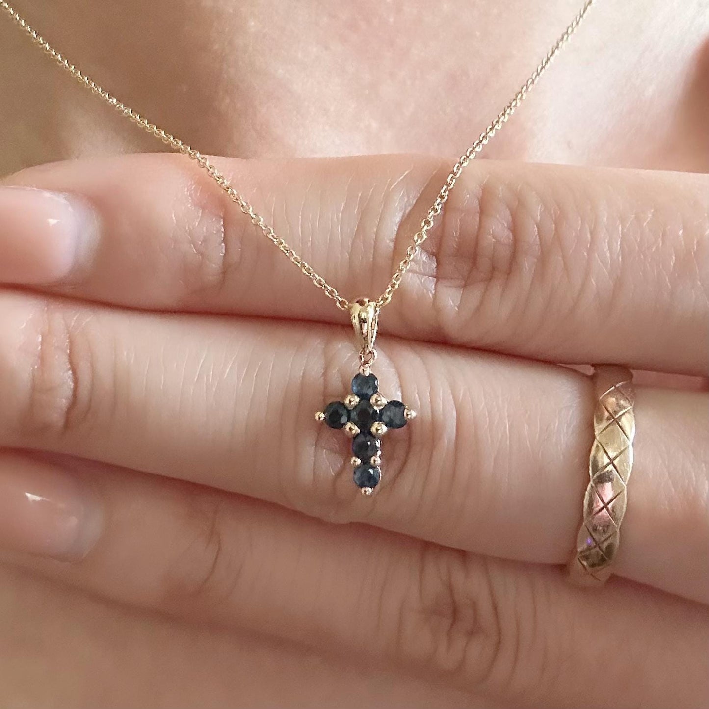 14K Solid Gold Genuine Small Sapphire Cross Pendant