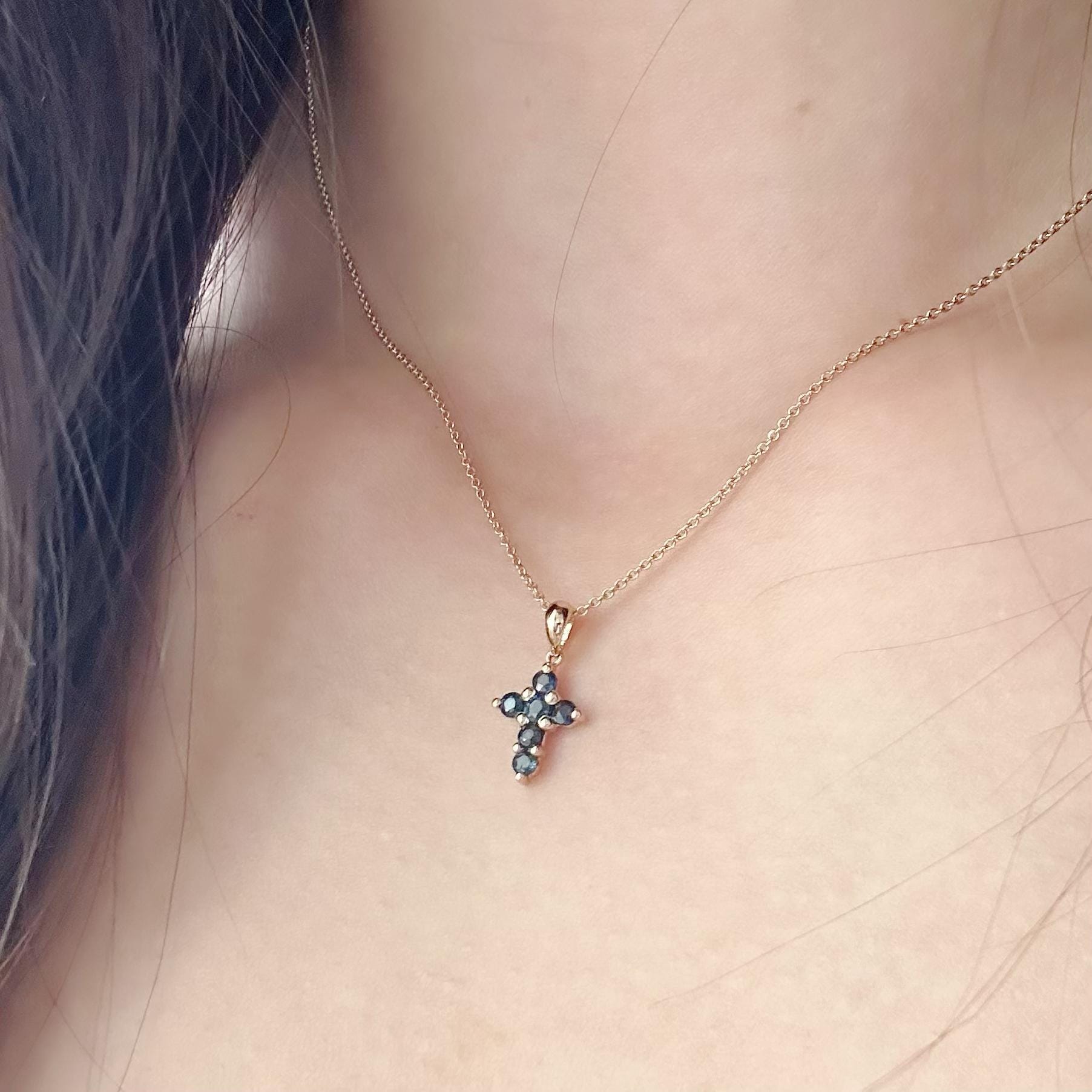 14K Solid Gold Genuine Small Sapphire Cross Pendant