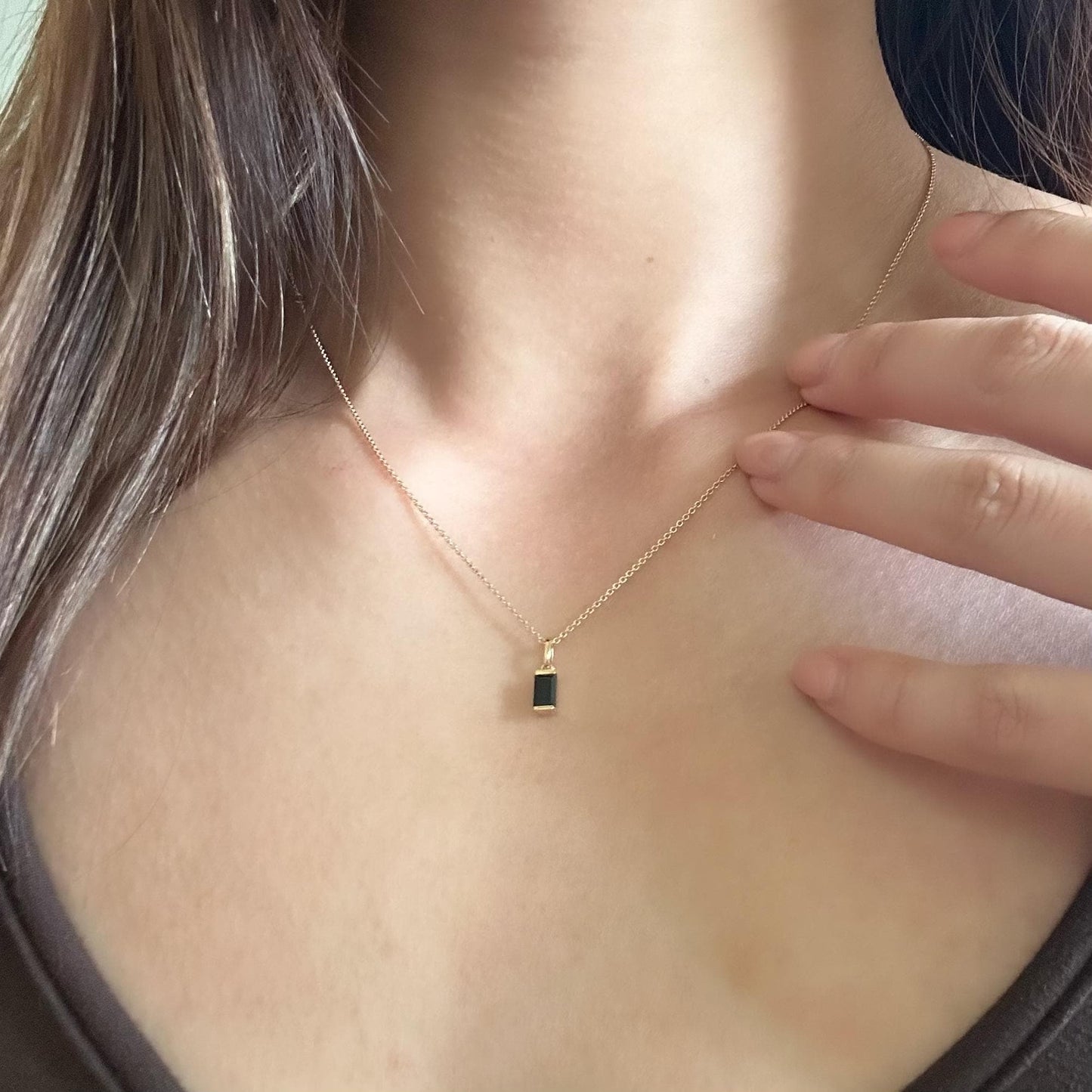 14K Solid Gold Genuine Sapphire Baguette Pendant