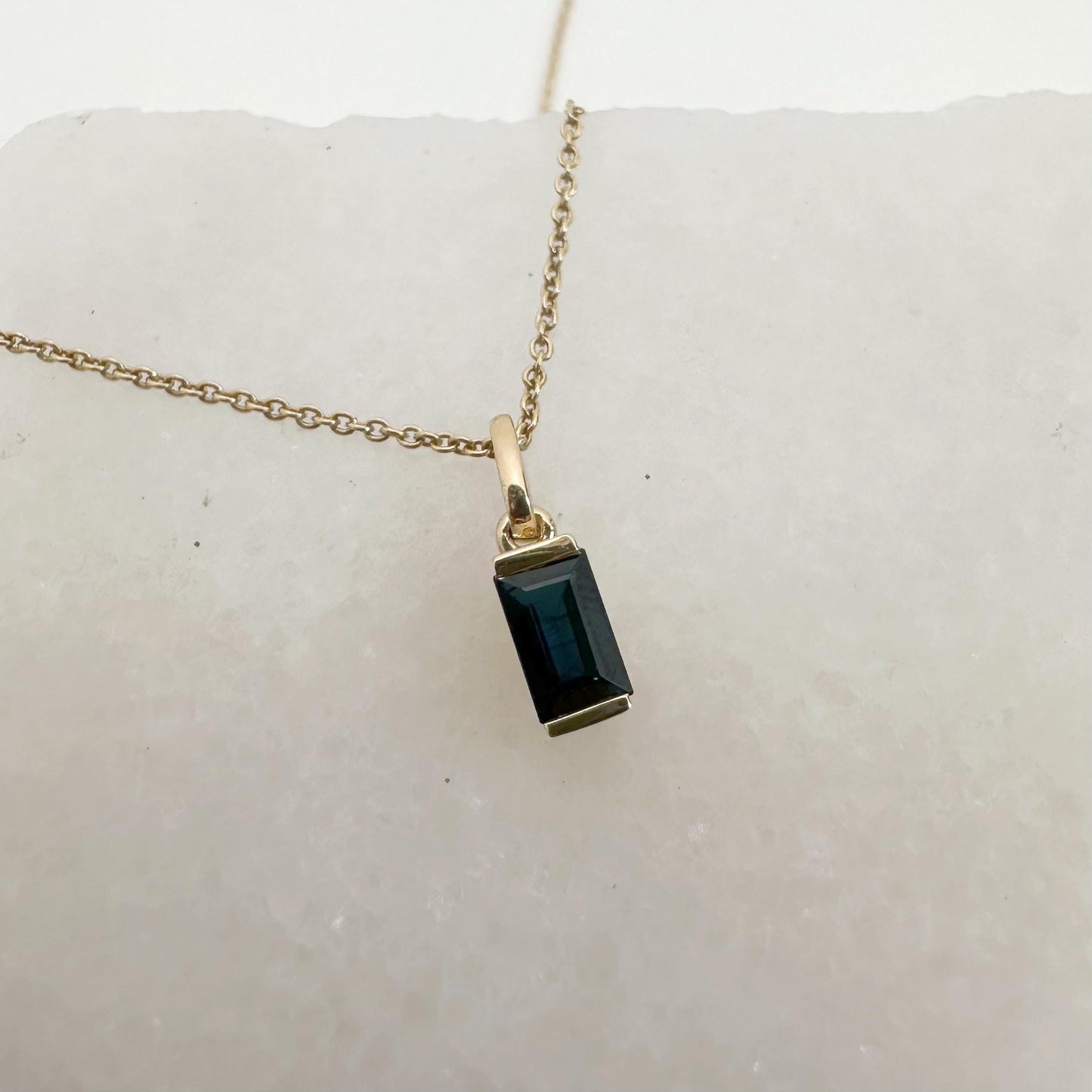 14K Solid Gold Genuine Sapphire Baguette Pendant
