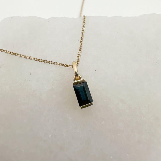 14K Solid Gold Genuine Sapphire Baguette Pendant