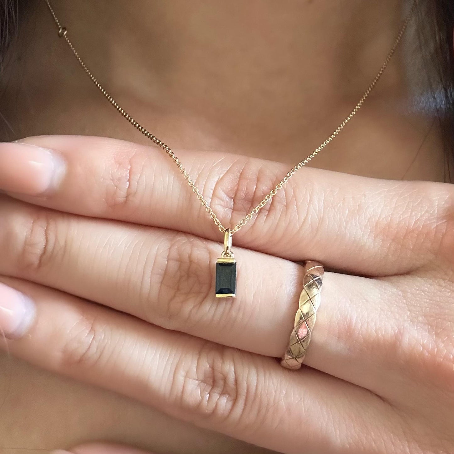 14K Solid Gold Genuine Sapphire Baguette Pendant