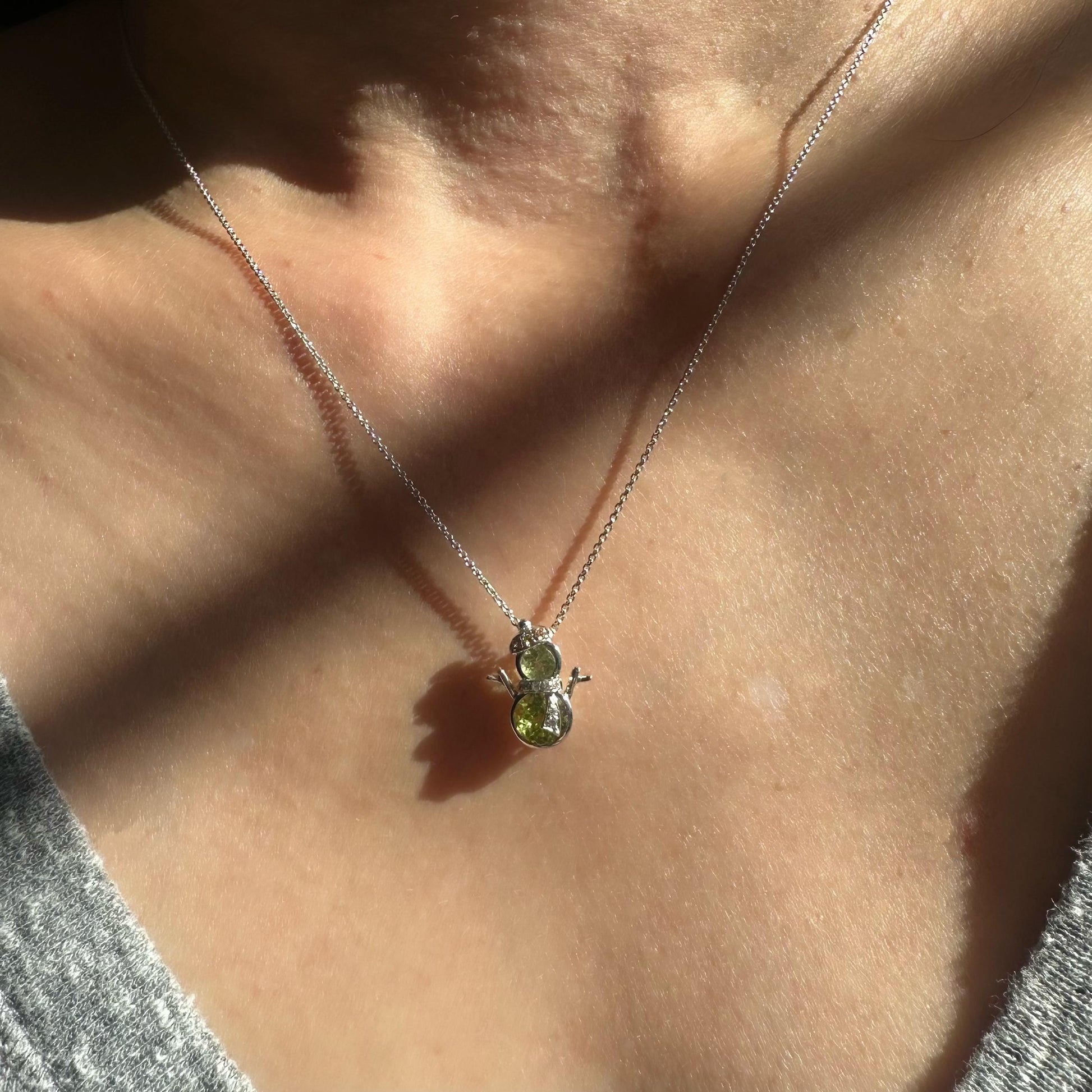 14K Solid Gold Genuine Peridot Snowman Pendant