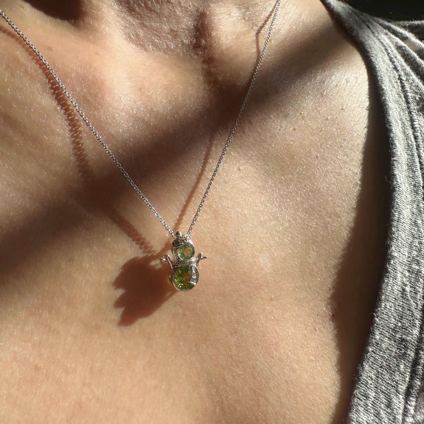 14K Solid Gold Genuine Peridot Snowman Pendant
