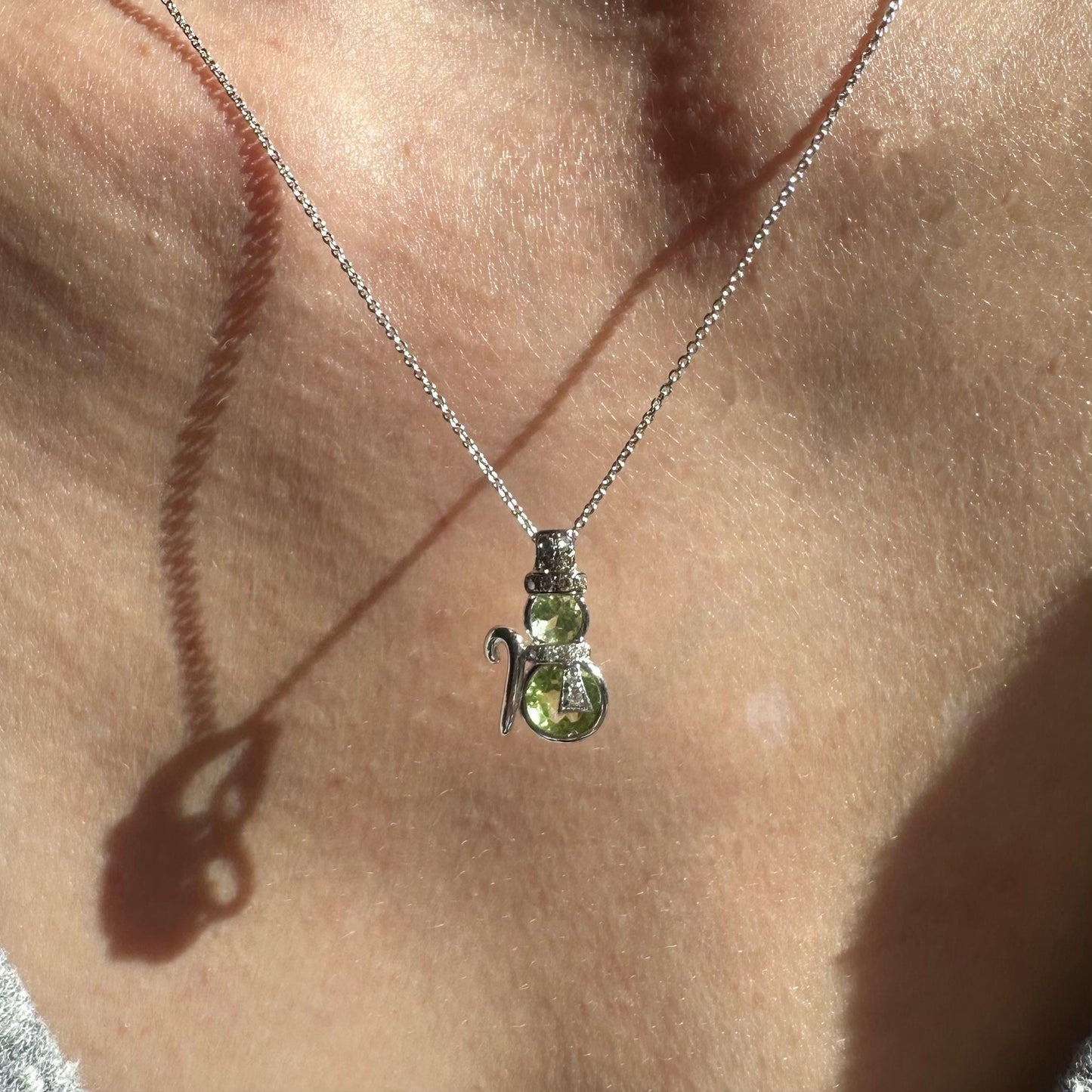 14K Solid Gold Genuine Peridot and Champagne Diamond Snowman Pendant