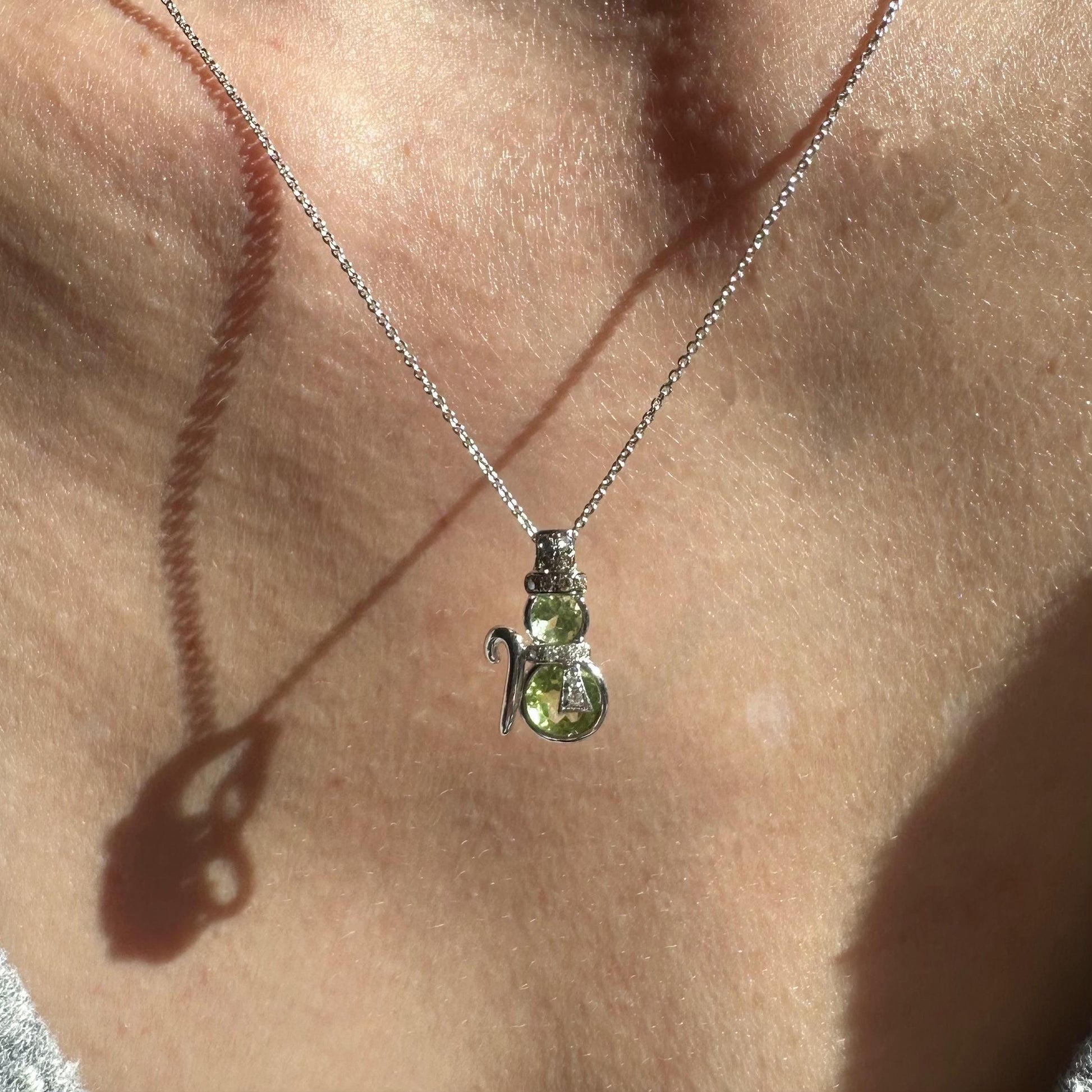 14K Solid Gold Genuine Peridot and Champagne Diamond Snowman Pendant