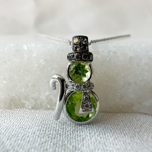14K Solid Gold Genuine Peridot and Champagne Diamond Snowman Pendant