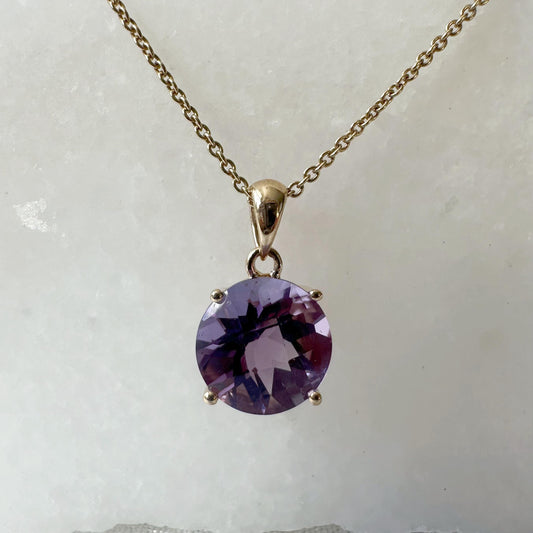 14K Solid Gold Genuine Amethyst Pendant