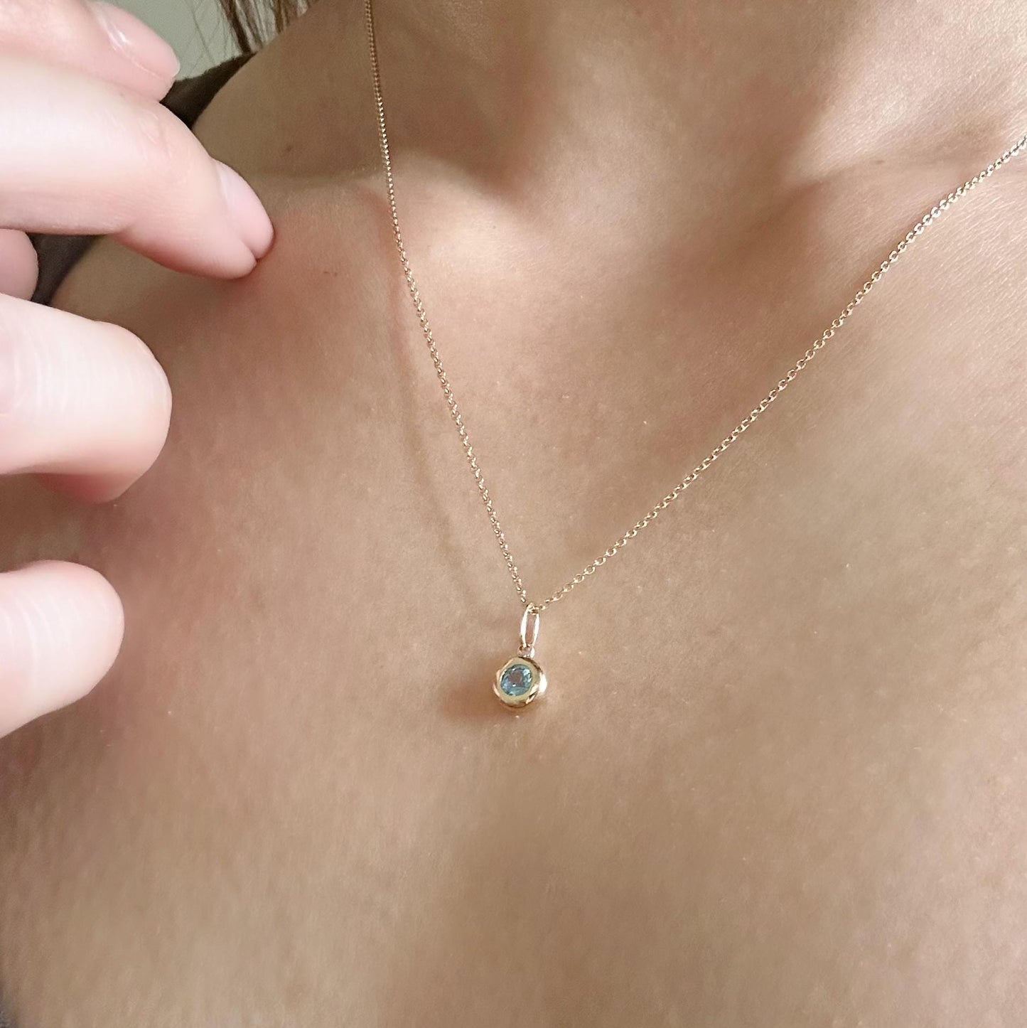 14K Solid Gold Genuine Bezel Blue Topaz Pendant