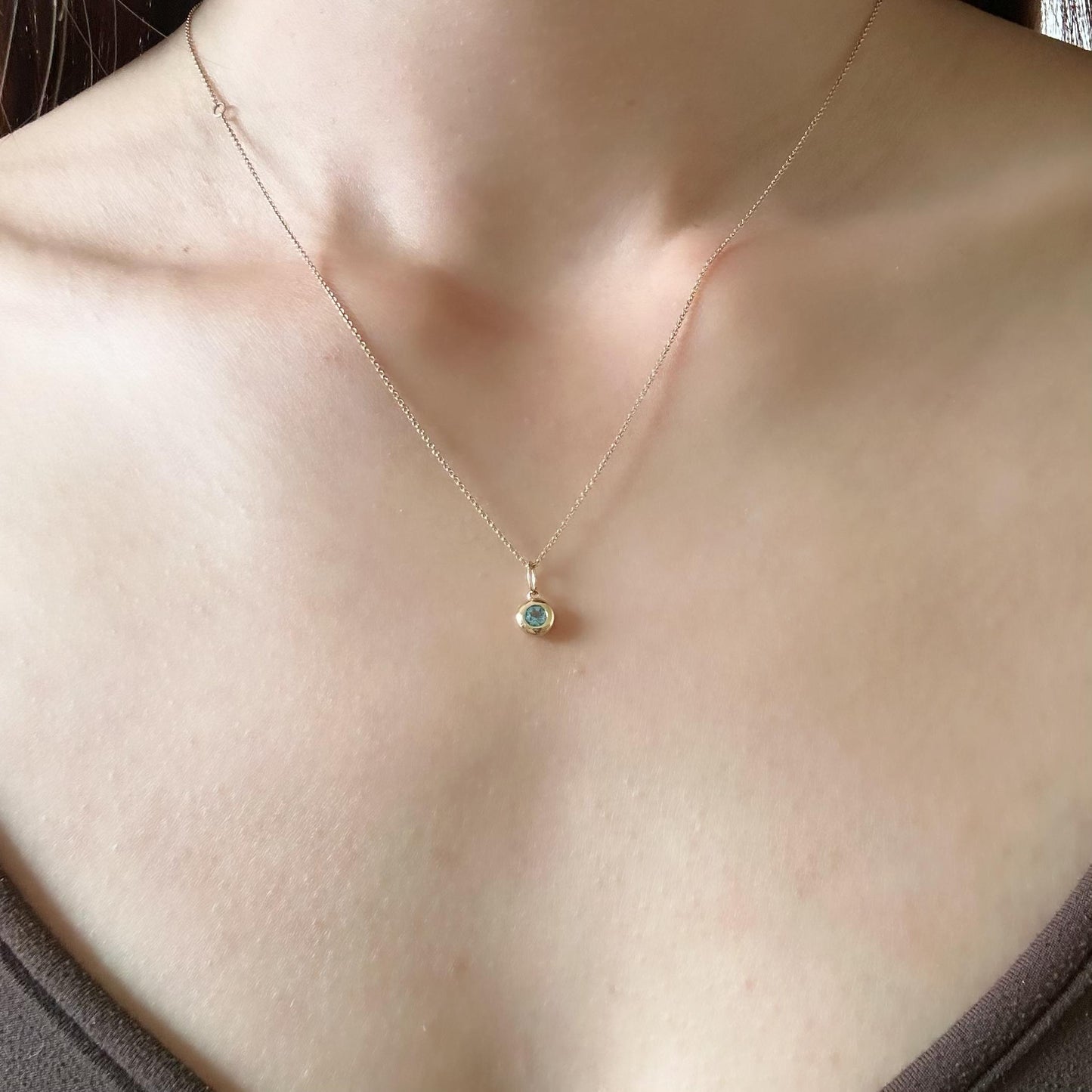 14K Solid Gold Genuine Bezel Blue Topaz Pendant