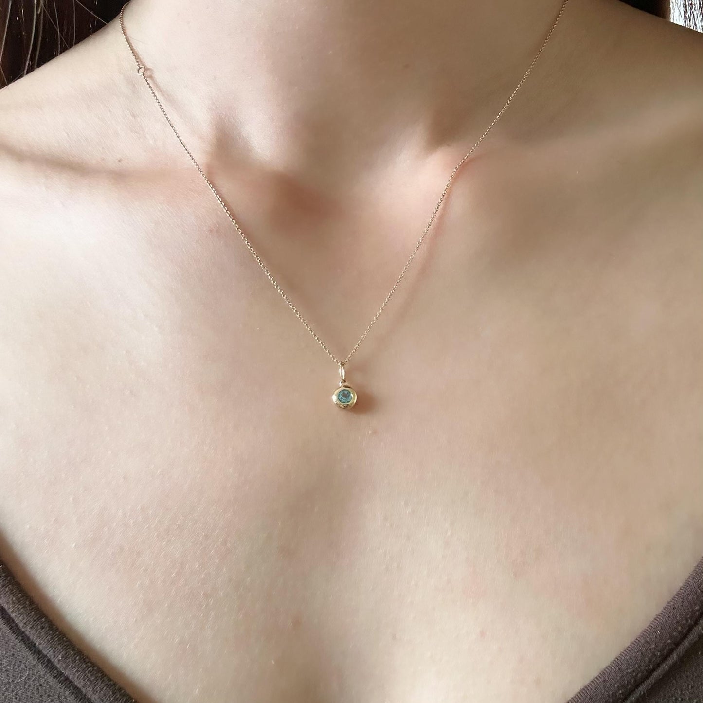 14K Solid Gold Genuine Bezel Blue Topaz Pendant