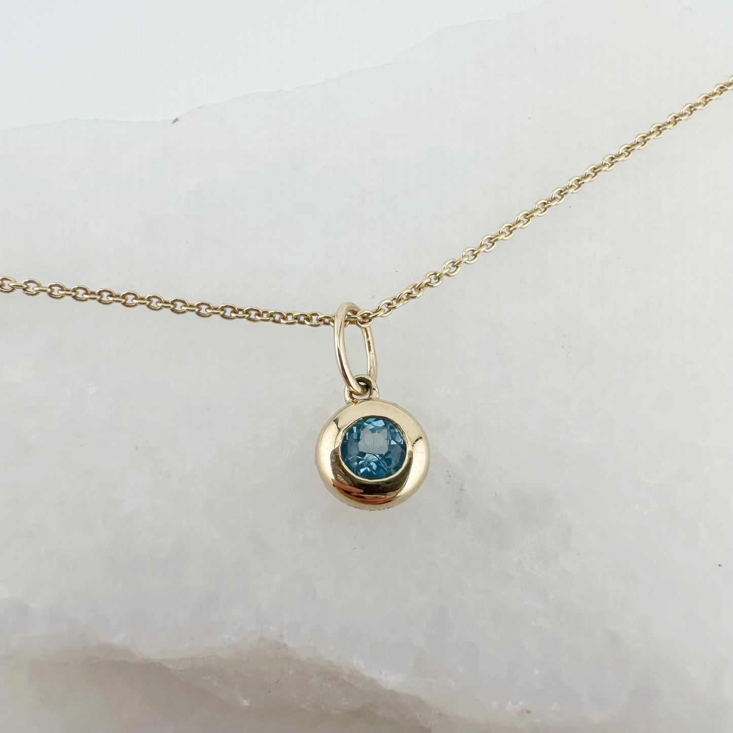 14K Solid Gold Genuine Bezel Blue Topaz Pendant