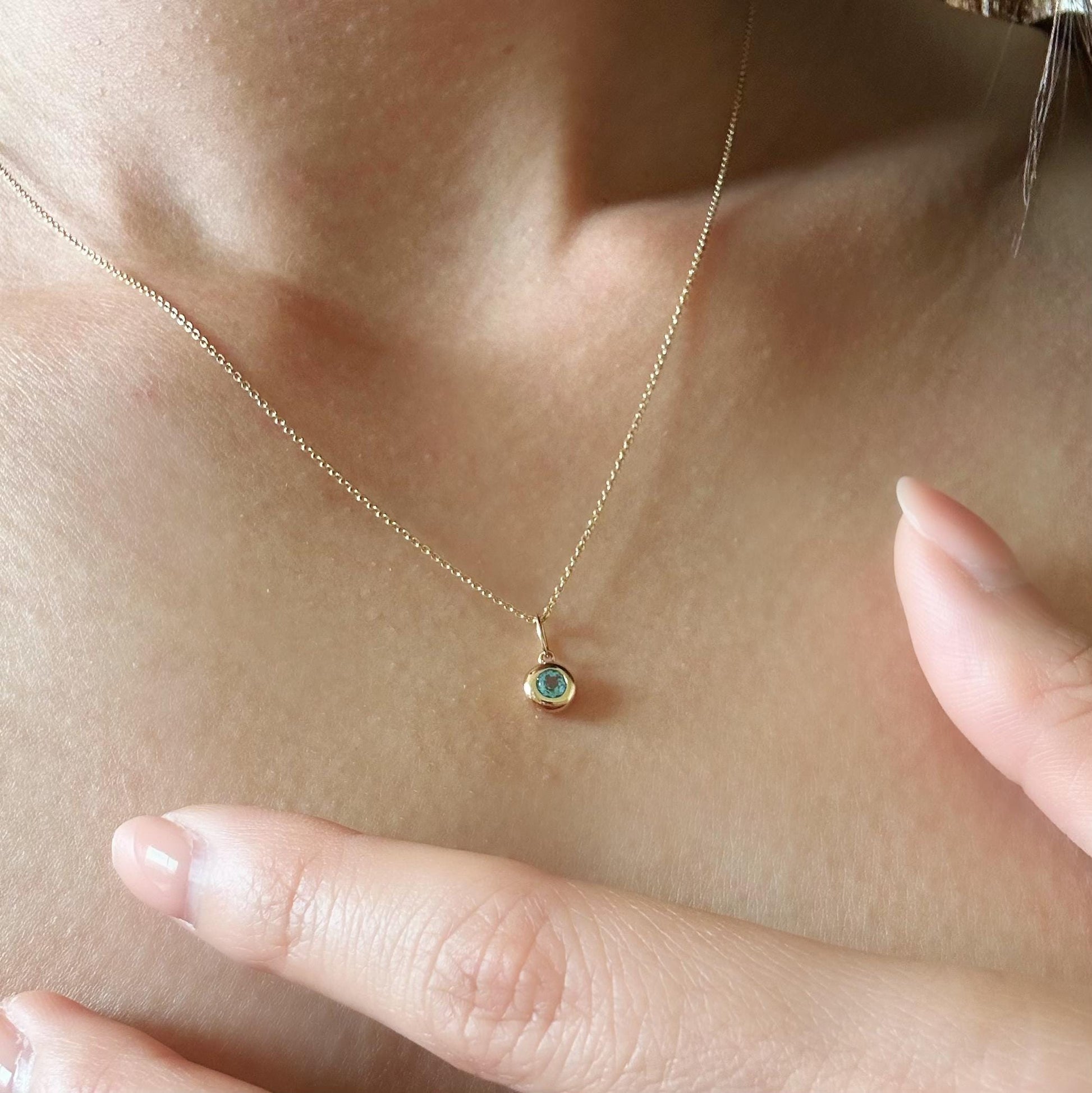 14K Solid Gold Genuine Bezel Blue Topaz Pendant