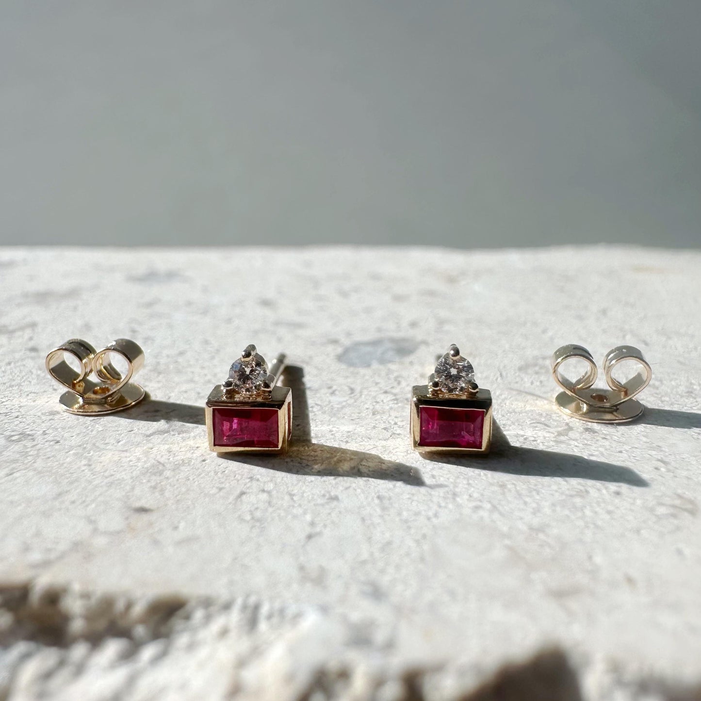 14K Solid Gold Genuine Baguette Ruby and Diamond Stacked Studs/Pair