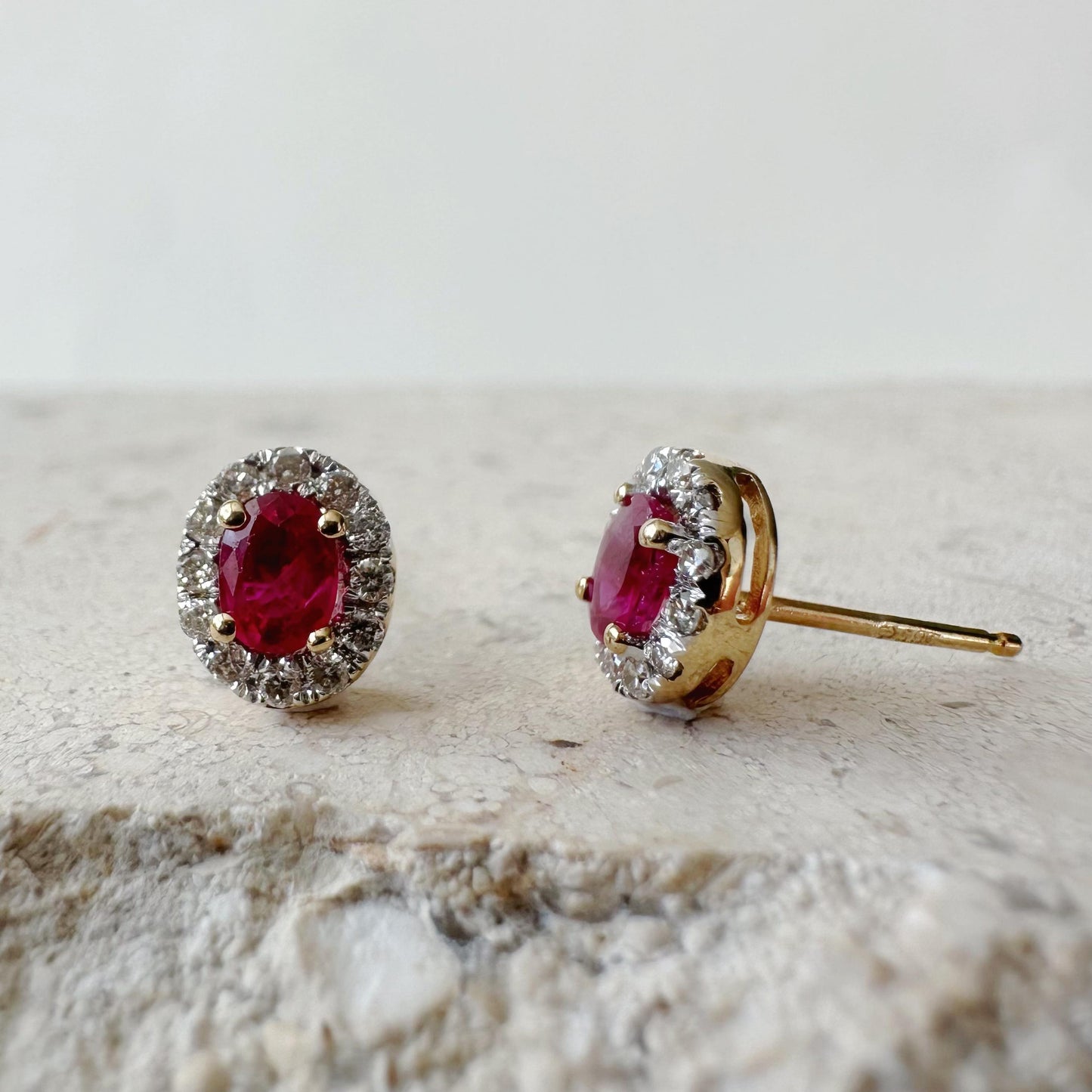 14K Solid Gold Ruby and Diamond Halo Studs