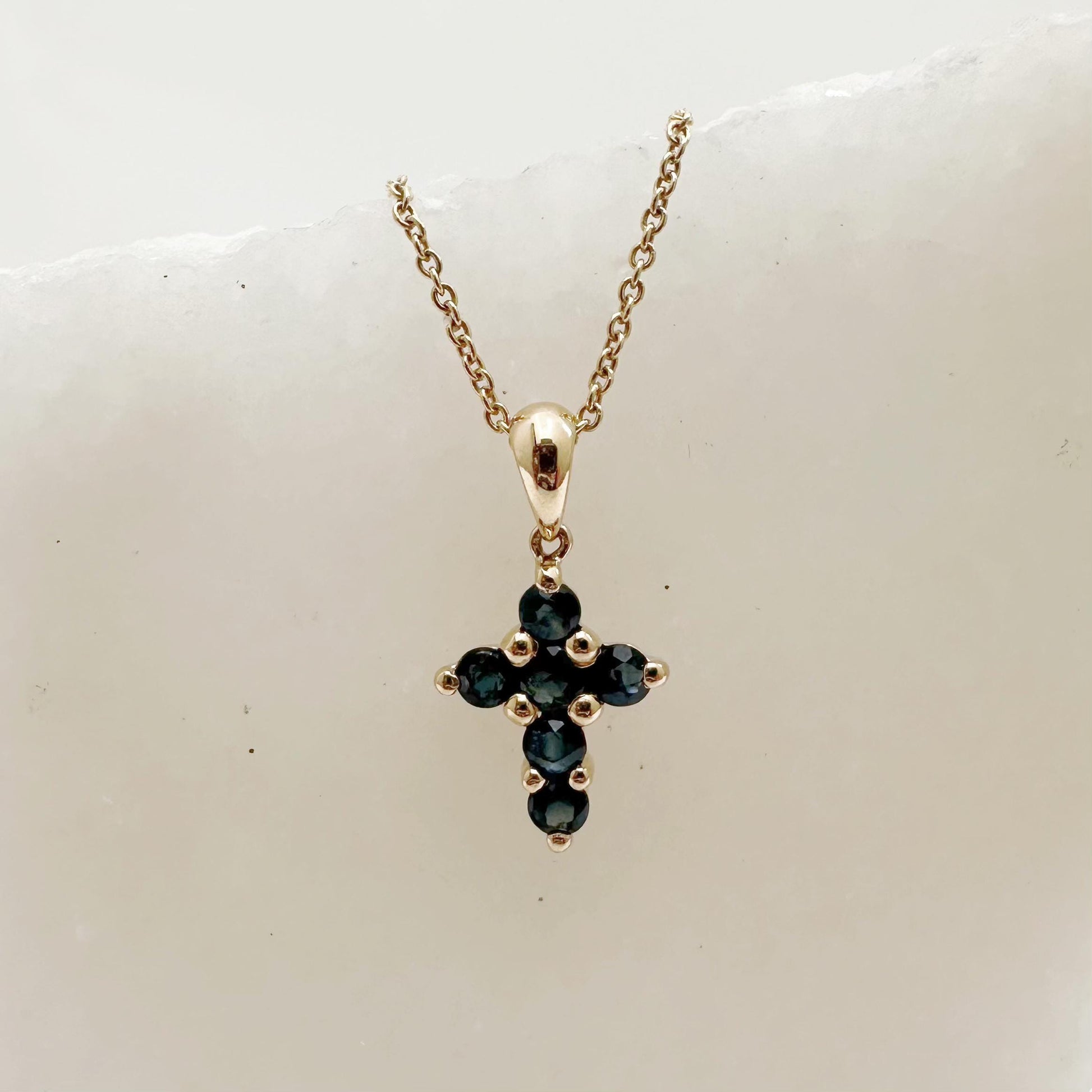14K Solid Gold Genuine Small Sapphire Cross Pendant