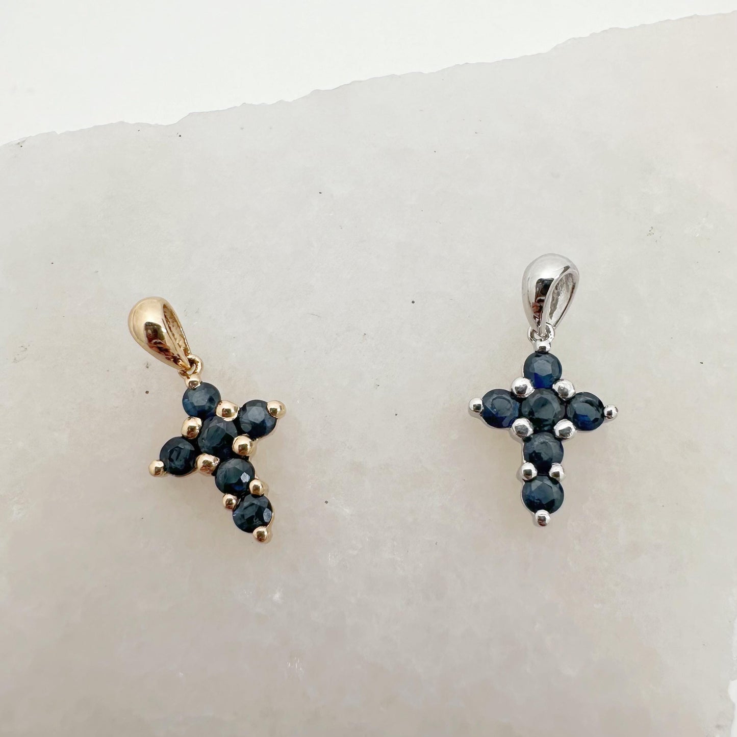 14K Solid Gold Genuine Small Sapphire Cross Pendant